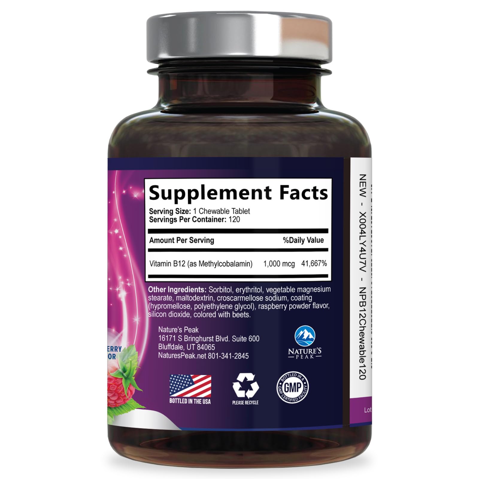 Vitamin B12 Complex (Methylcobalamin) 1000 mcg - 3X Strength B 12 Vitamins Supplement for Cellular Energy Metabolism, Nature's Nervous System Support, Bottled USA, Berry Flavor - 120 Chewable Tablets — Amazon image 9
