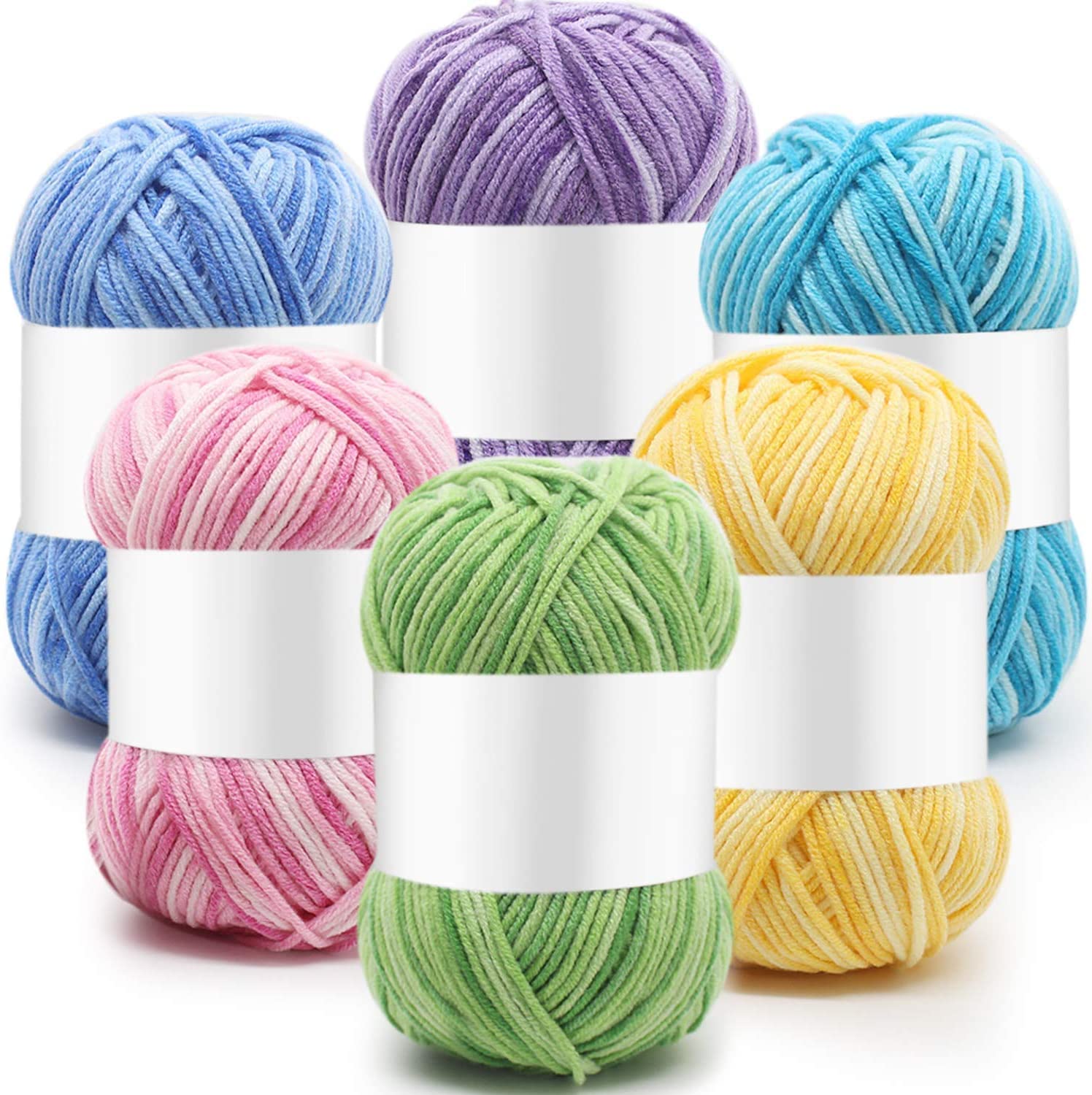 KOWVOWZ 6 Pieces Pure Cotton Yarn Set DIY Yarn Crochet Yarn Multi-Colored Acrylic Yarn Hand Knitting Yarn (Pink, Yellow, Fruit Green, Lake Blue, Sky Blue, Purple, 5-Ply)