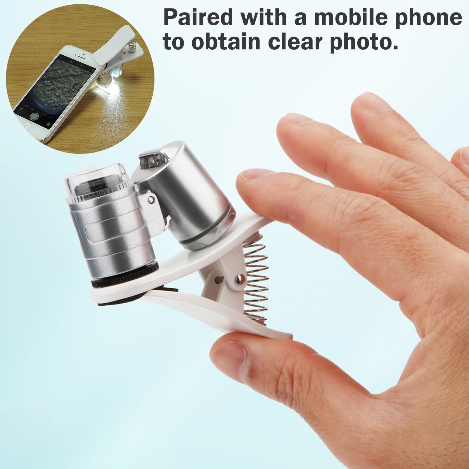 Rongon Clip-On Type Loupe 60X Zoom Microscopes Jewelers Magnifier Universal Micro Lens Jewelry Magnifying Glass with LED/UV Lights for Mobile iPhone Samsung More Smartphones
