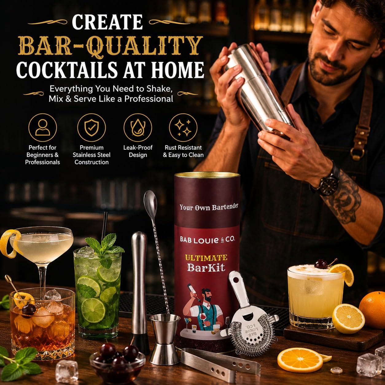 Bab Louie & Co. Bar & Cocktail Set, Ultimate BarKit, Cocktail Shaker Set for Drink Mix, Set of 6 Stainless Steel & Anti Rust Bar Accessories, BarKit for Gift, Best Gifts for Bartender 1