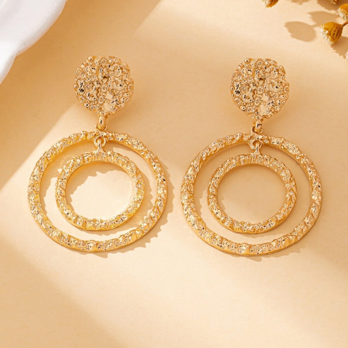 Double Round Hoop Earrings for Women Hammered Large Circle Dangle Earrings Gold Plated Textured Drop Dangle Earring Trendy Jewelry Gift - Image 5