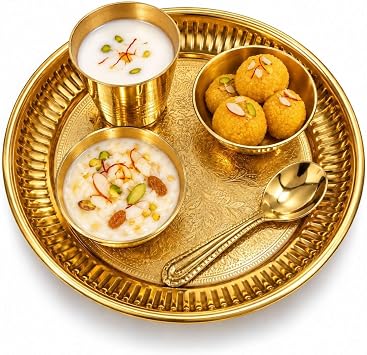 Brass Puja Bhog Thali Bartan for Kanha/Laddu Gopal, Guruji, Shaligram Ji | 5Pcs Set 2Bowl, 1Plate, 1Glass & 1Spoon | for Office, Home Temple/Mandir | Diwali Gift, 12cm Diameter, 1 Unit