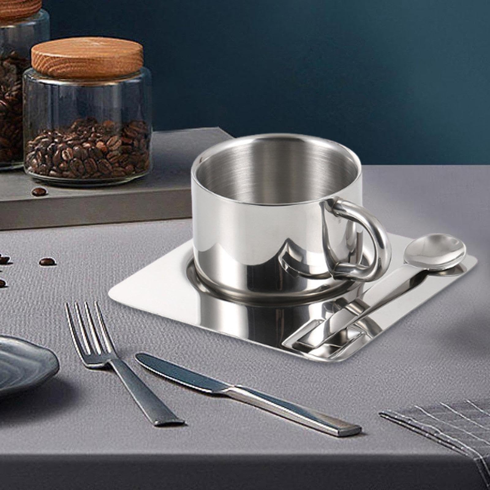 MagiDeal Taza de Café Juego con Plato y Tazas de Leche de Cuchara de Acero Inoxidable Taza de Té Portátil de Metal Portátil para Restaurante, Casa de Cocina