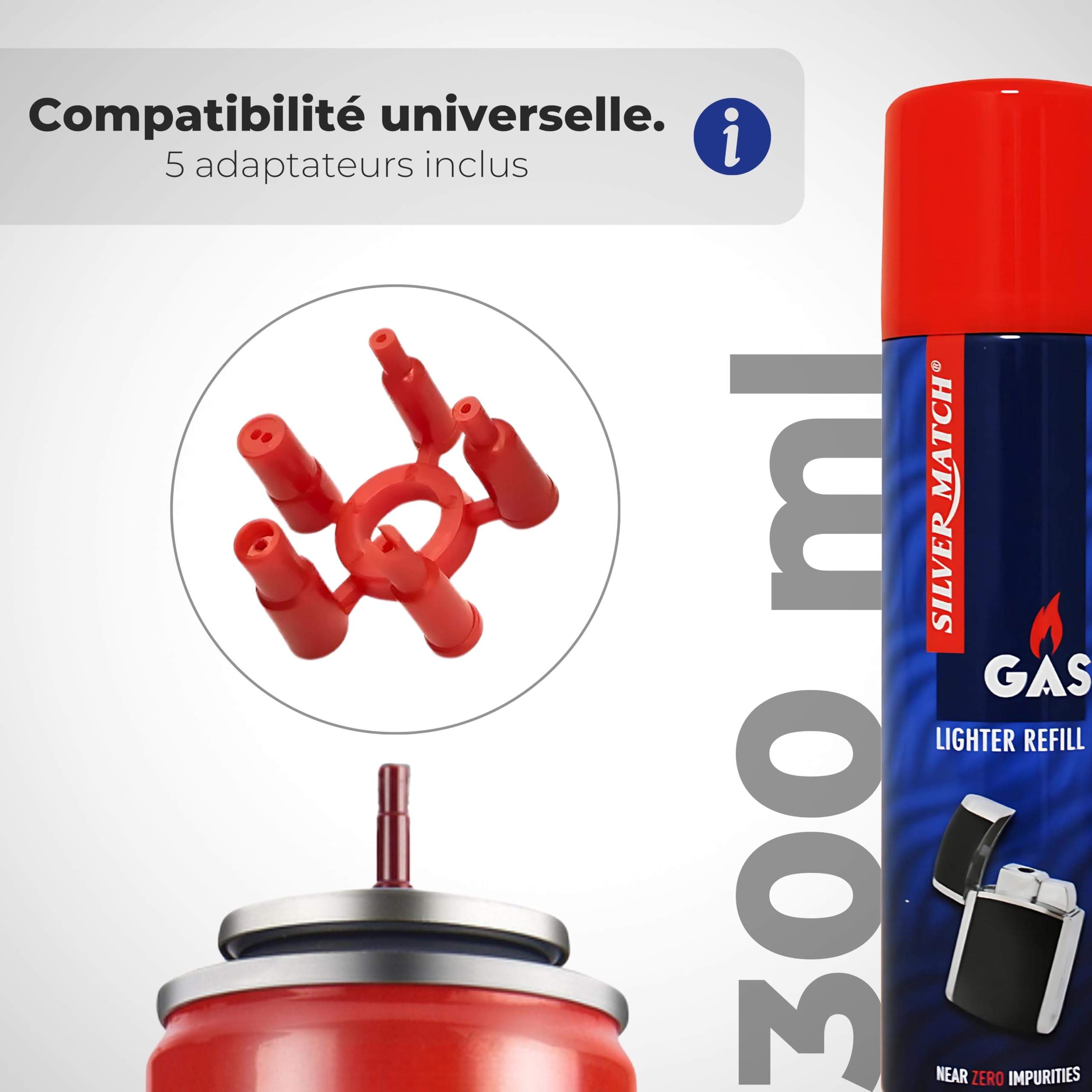 Recharge Gaz Butane Silver Match - 90ml, 5 Embouts, Pour Briquet Tempête, Chalumeau Cuisine, Allume-Tout