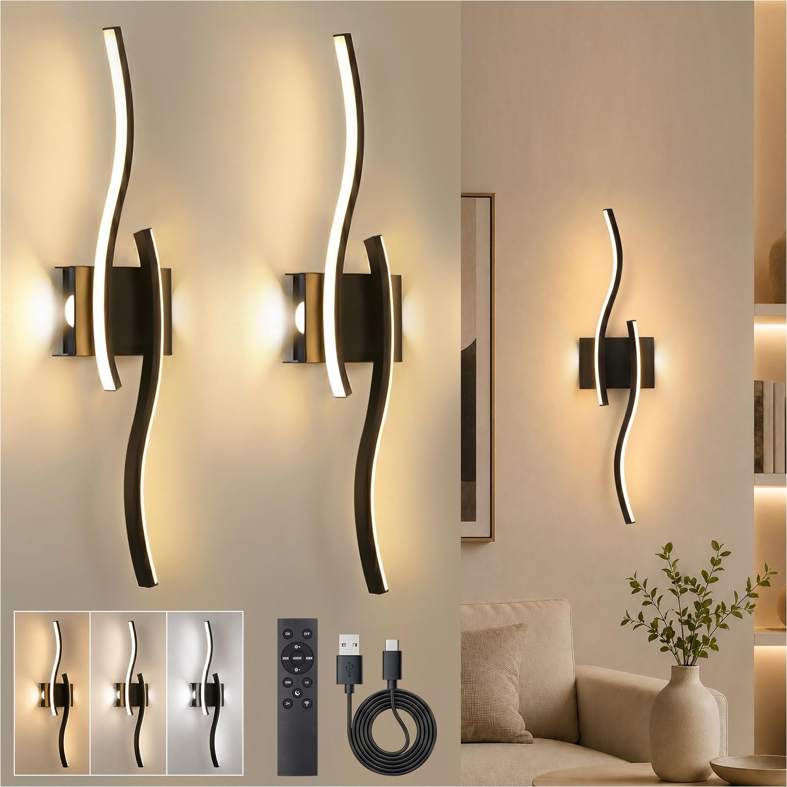 SERBASIC Rechargeable Wall Lights Indoor 2-Pack,8000mAh Wireless Battery Wall Lamp with Remote,3 Colour Dimmable Touch LED Lighting for Bedroom,Living Room,Hallway,60cm