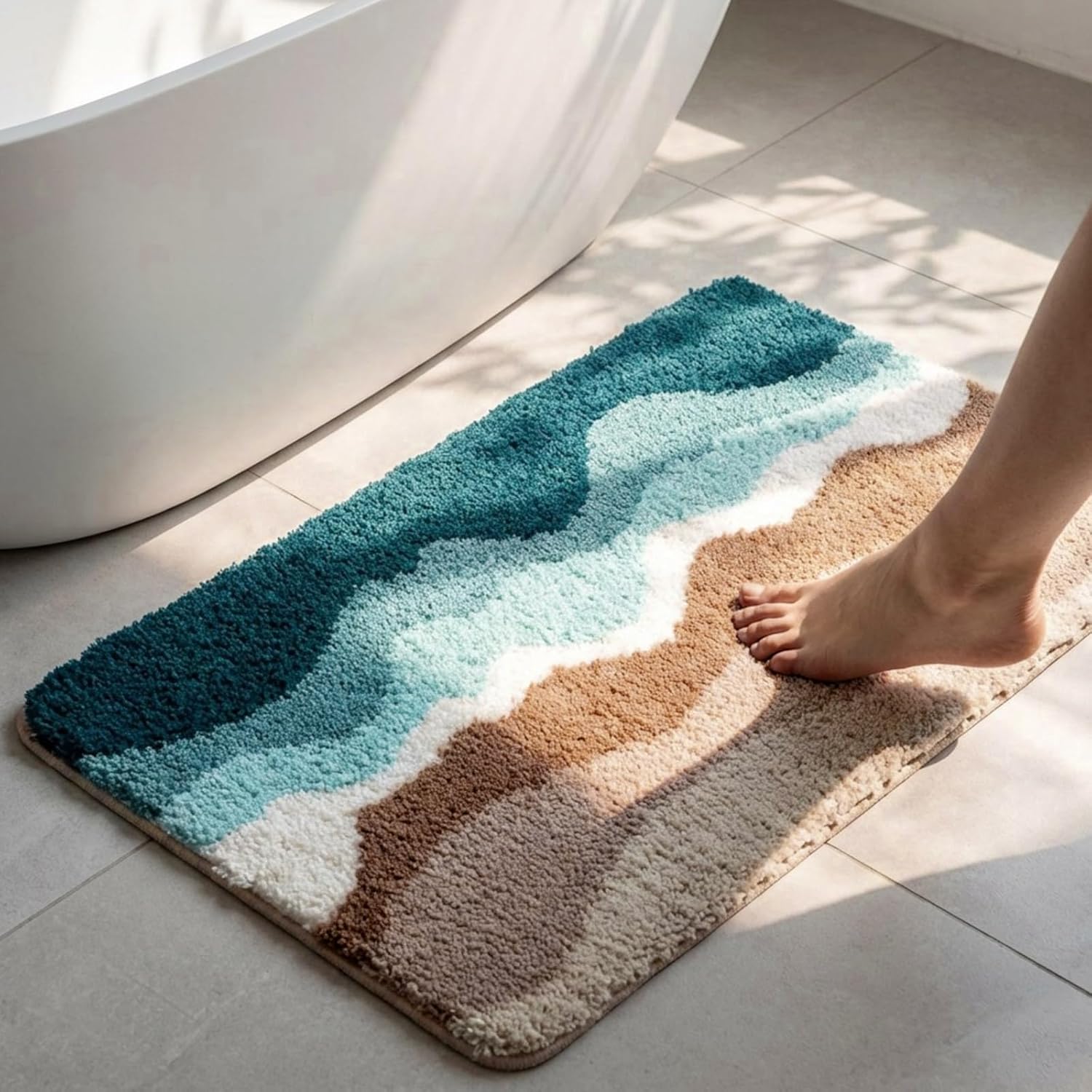 Breling Bath Mat Set of 2 Ocean Beach Teal Fluffy Absorbent Microfiber Rugs Non Slip Bath Mats for Bathroom Floor Tub and Shower, Washable, Ultra Soft, Quick Dry (32 x 20 Plus 24 x 17 - Inches)