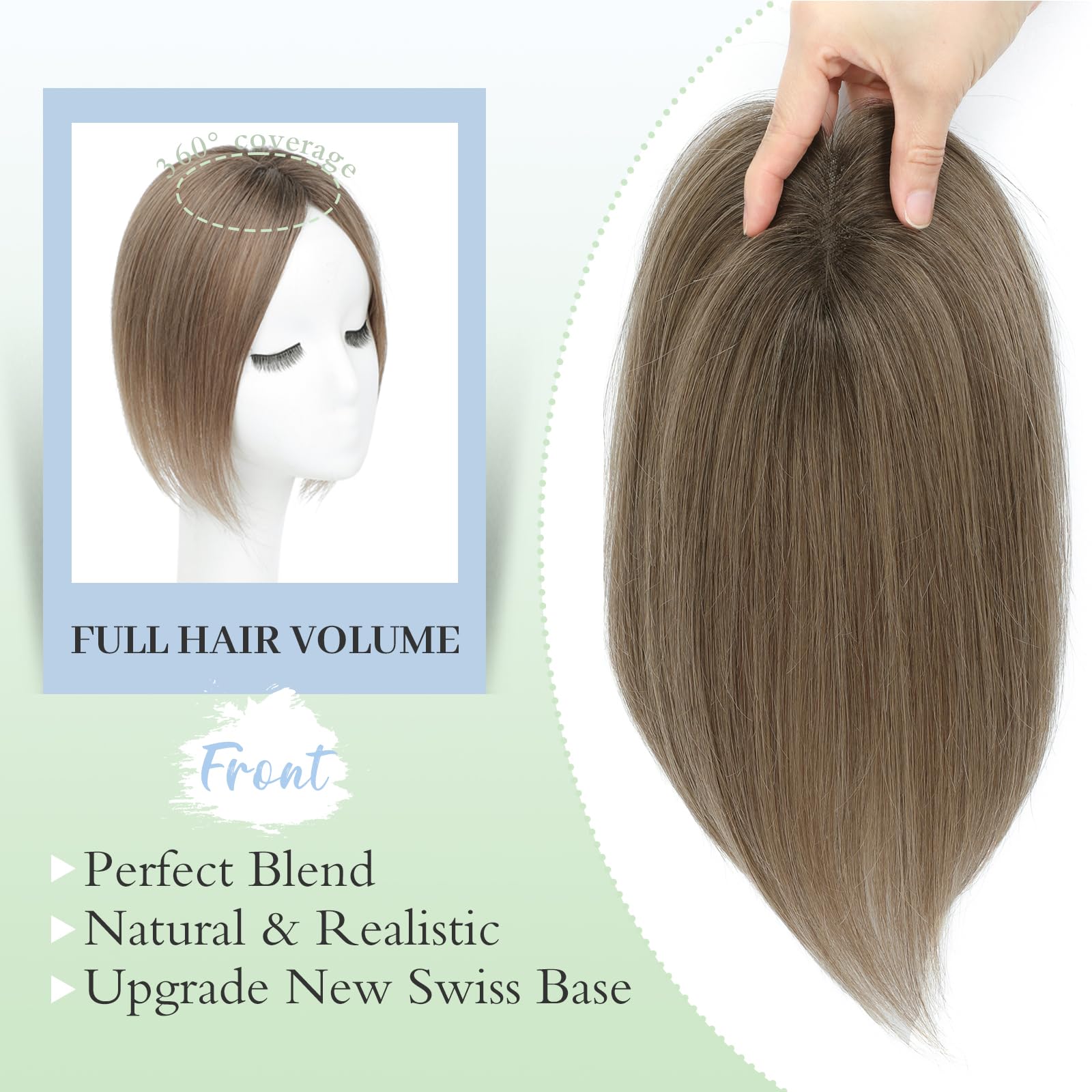 Real Human Hair Toppers,10 Inch Human Hair Toppers for Thinning Hair 360°Coverage Natural Hairpiece Wiglet for Women Daily 7x10CM Swiss Base(4TM610#) - Image 3