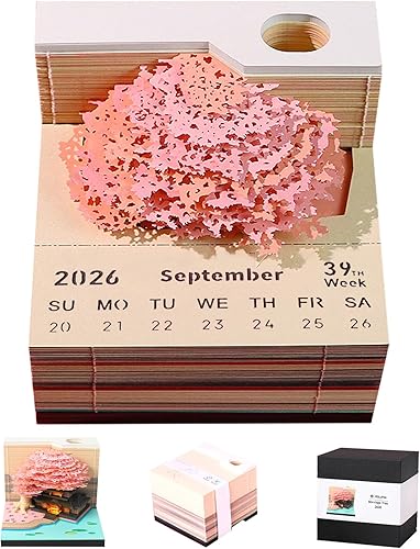 Miniatura 16 de 3D Bloc de Notas Calendario Reloj 2026, Calendario de Arte 3D 2026, Calendario de Escultura de Papel Creativo, Flores, Mar y Árbol, Isla, Notas de