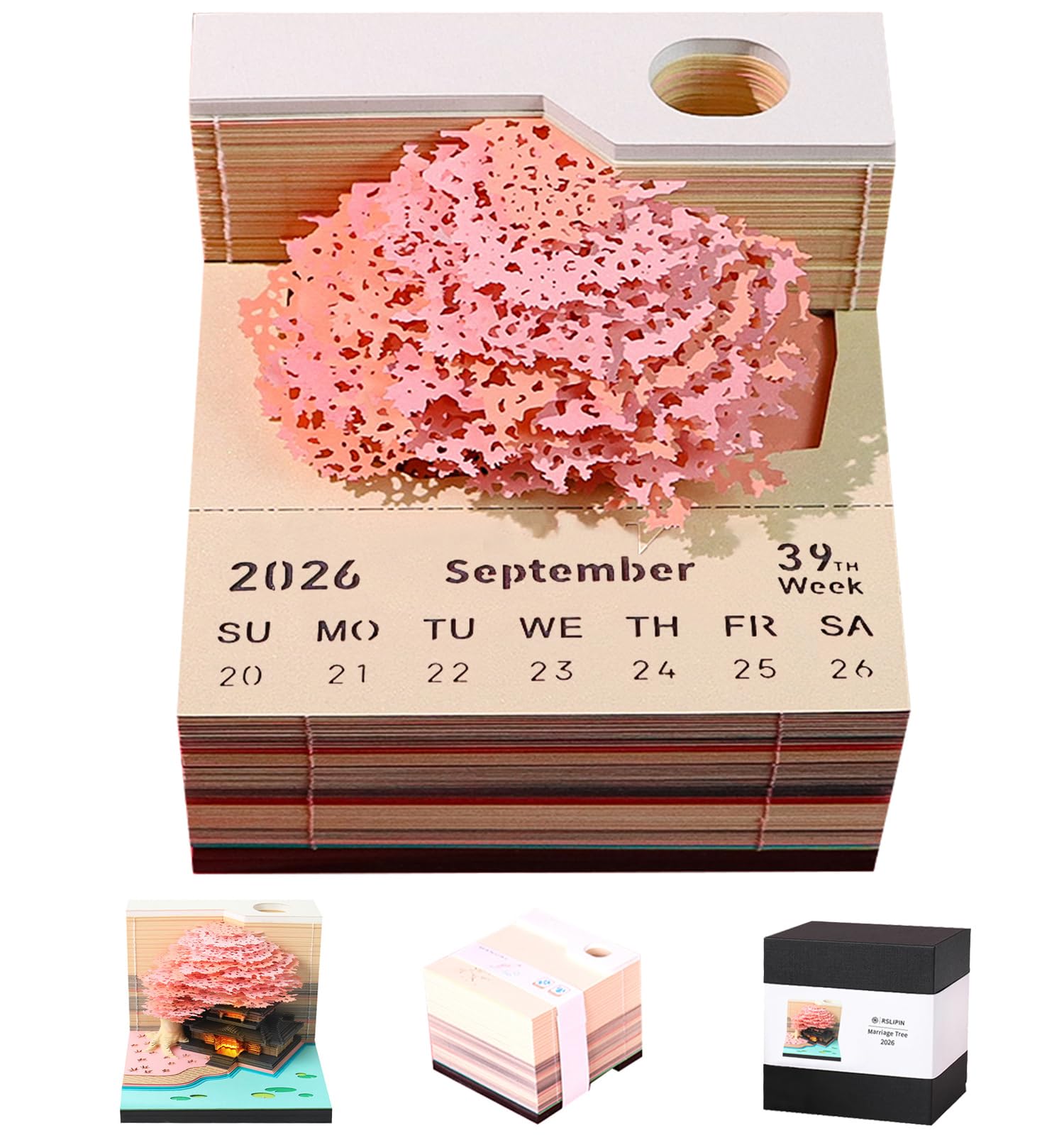 RSLIPIN 3D-Notizblock, Zeitmesserkalender 2026, 3D-Kalender 2026, Heiratsbaum, Abreißkalender, Kunst, Notizen für Aufzeichnung, Lesezeichen, Geschenk und Dekoration