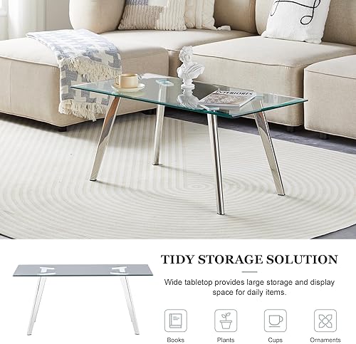 Miniatura 3 de TUKAILAi Mesa de centro moderna de vidrio templado, mesa de té rectangular de vidrio con patas de acero inoxidable, mesa central de estilo