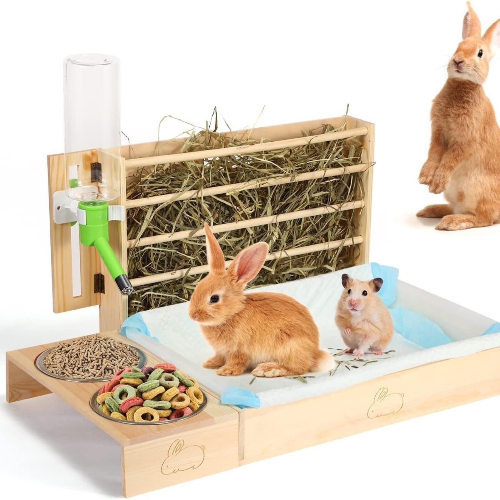 Mangeoire à Foin pour Lapin, mangeoire à Lapin en Bois avec bac à litière et Bols, ratelier foin lapin,mangeoire lapin,litiere lapin,ratelier foin,mangeoire à Foin pour Lapins, Petits Animaux de Compa
