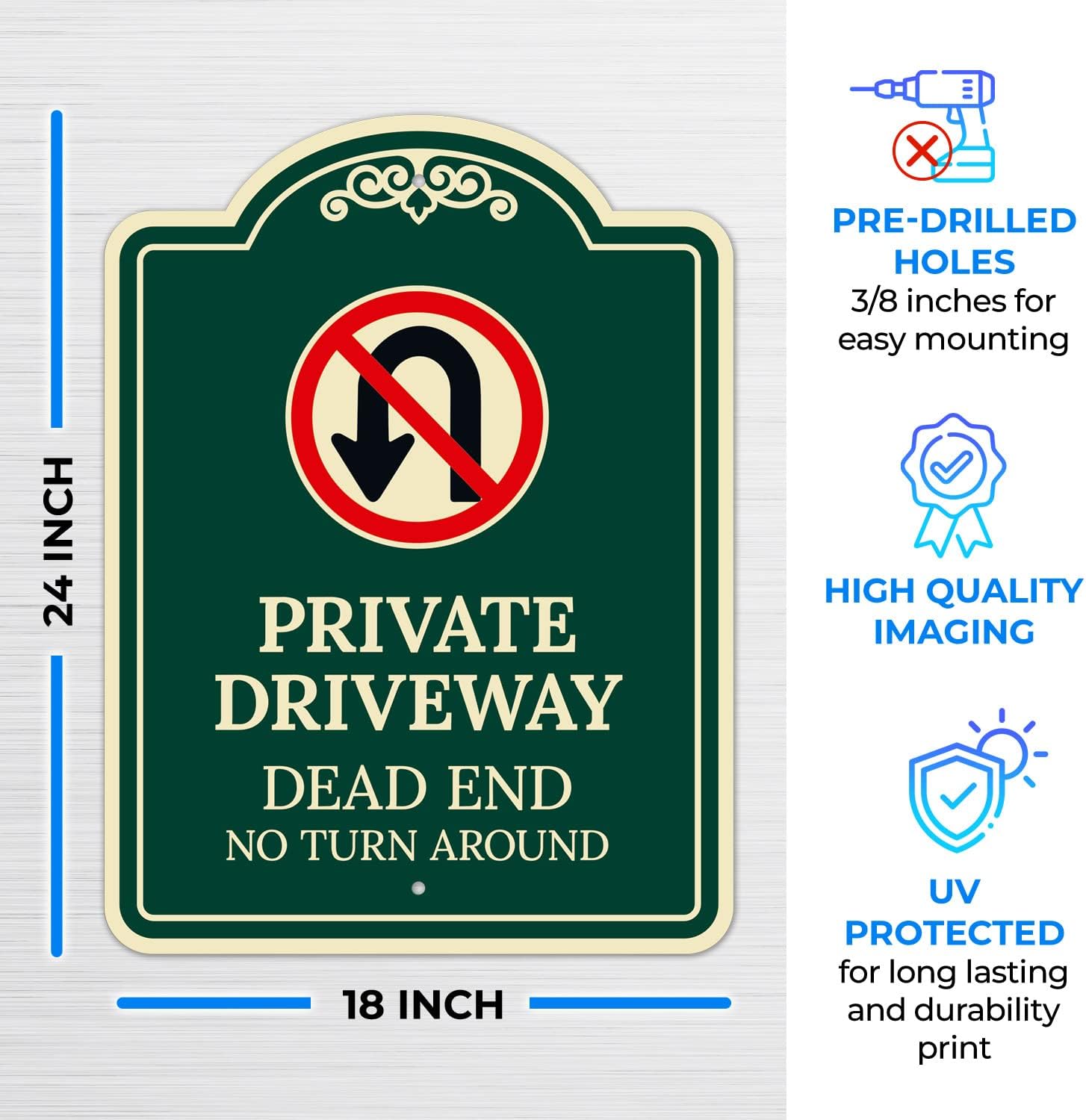 Private Driveway Dead End No Turn Around Décor Sign, Green Dark, 18x24 Inches, ACM, Fade Resistant, Made in USA
