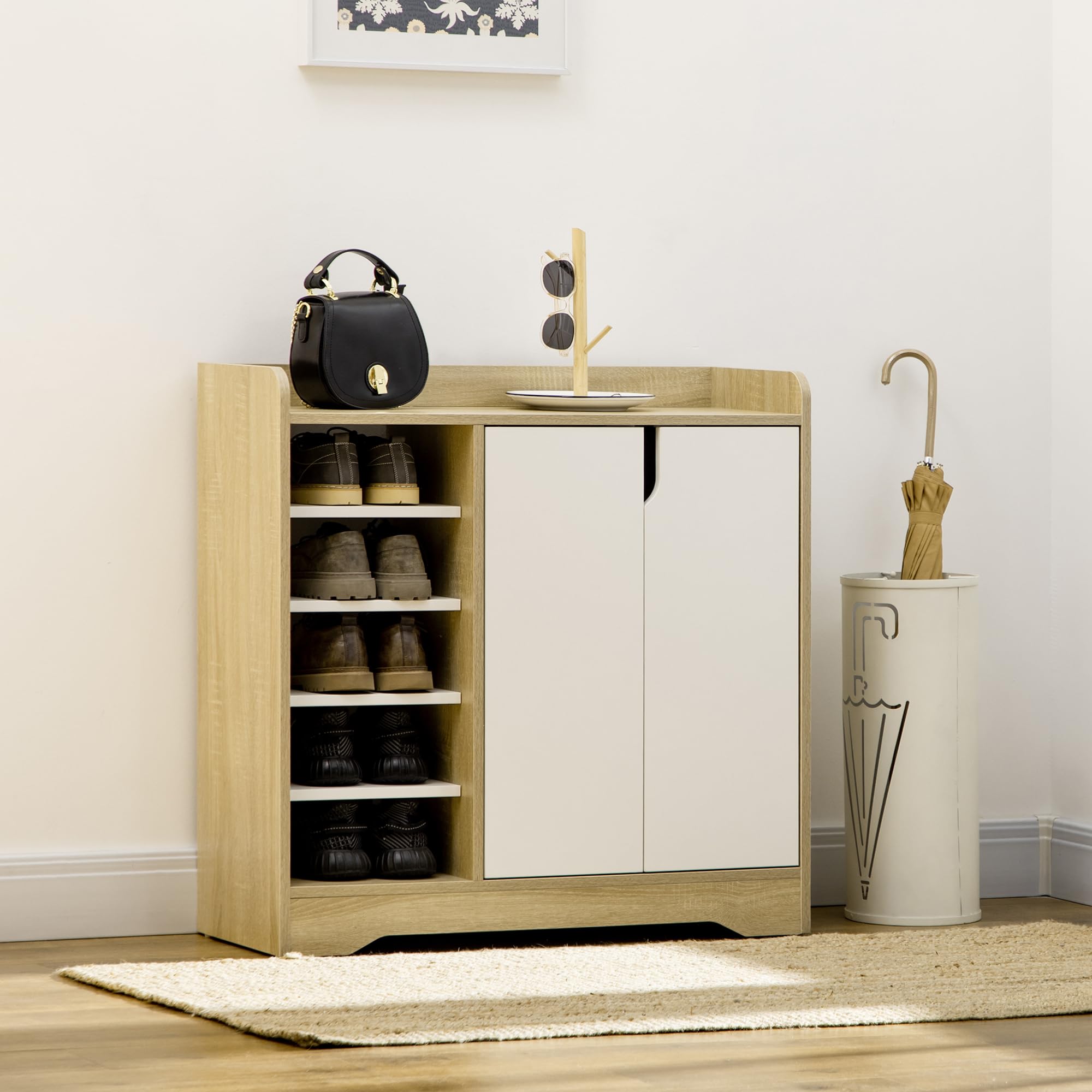 HOMCOM Mueble Zapatero Moderno Estrecho 80x30x80 cm Natural y Blanco