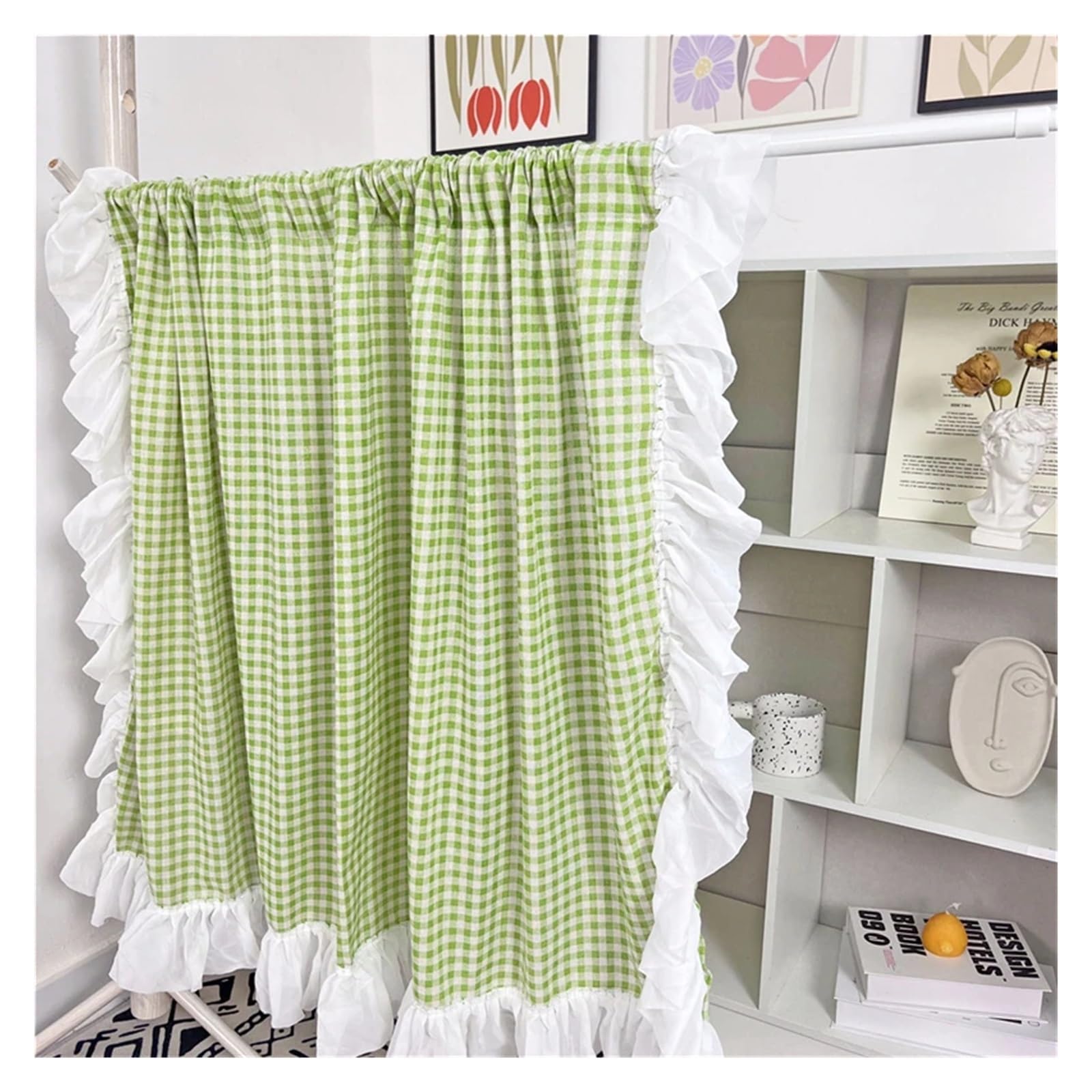 DFGRGRV Ruffle Curtains Sweet Lace Pink Plaid Short Curtains Rural Blue/Orange/Green Lattice Ruffles Half Cloth for Kitchen(Green,W140 X H60 CM)