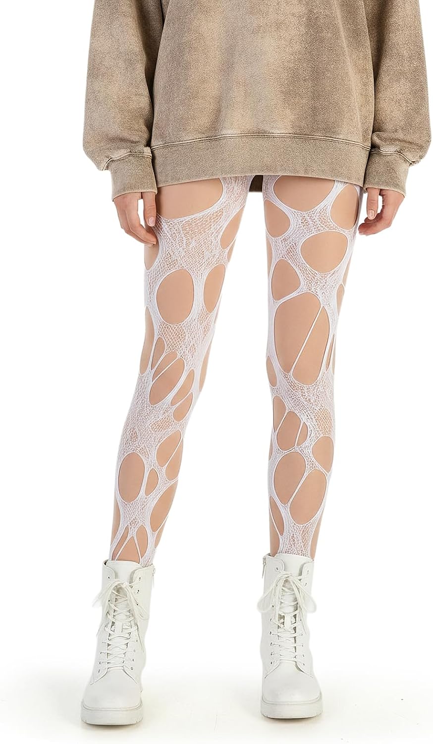 White Ripped Fishnet Tights, Gothic Irregular Hole Mesh Pantyhose, Hollow Out Stockings for Y2K, Lolita Punk Rock & Halloween Cosplay Party