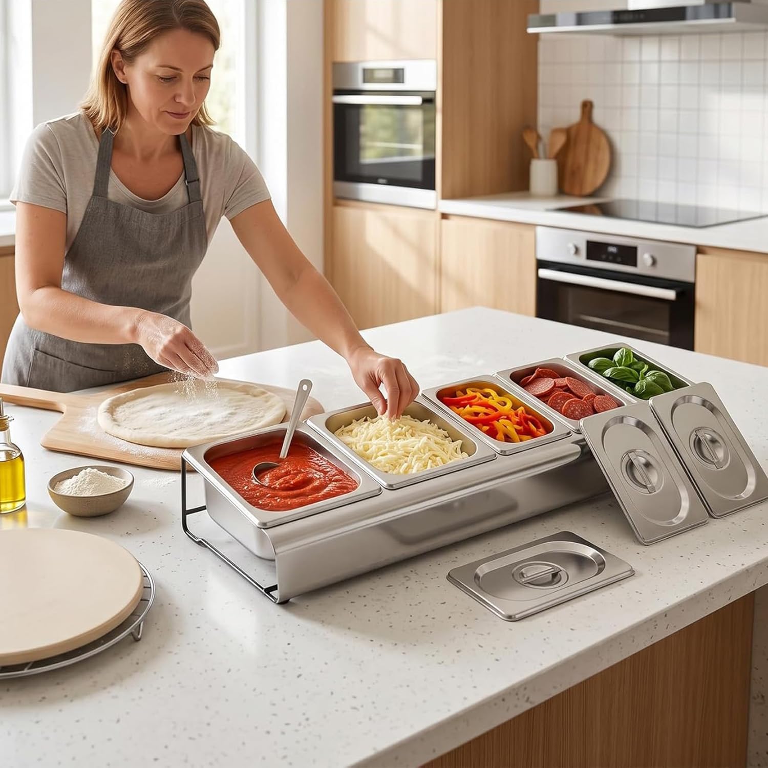 onlyfire Soporte con Recipientes para Alimentos, Seis Fiambrera Extraíbles para Condimentos de Pizza de Acero Inoxidable con Tapas, Accesorios para Pizza, 66×22×10 cm