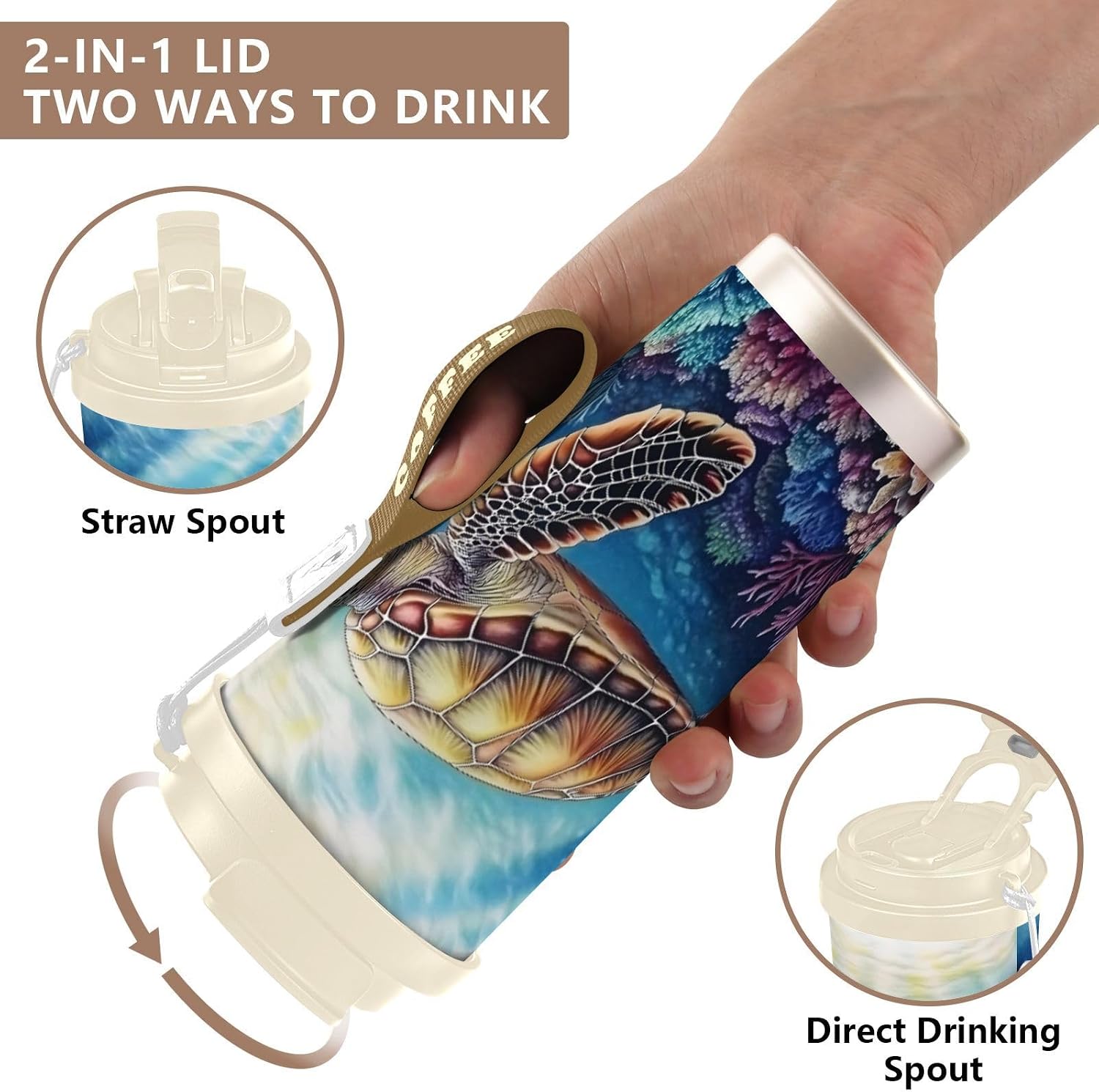Sea Turtle Underwater Insulated Coffee Mug with Straw & Flip Lid, 16.9oz Iced Tumbler Cup, Double Wall Vacuum Leak-Proof Mug for Travel Office