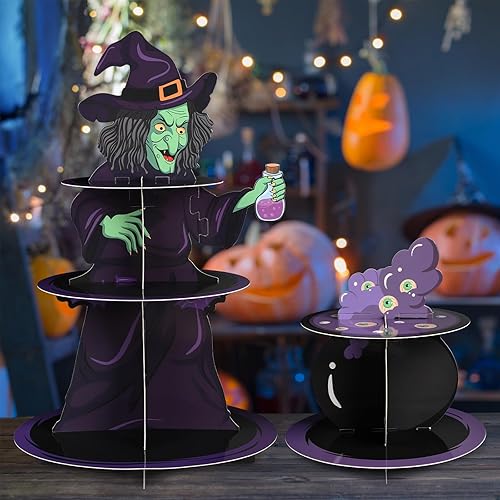 Soporte para cupcakes de Halloween para 24 cupcakes de bruja y veneno, decoraciones de cupcakes de Halloween, de cartón, juego de 3 niveles y 2