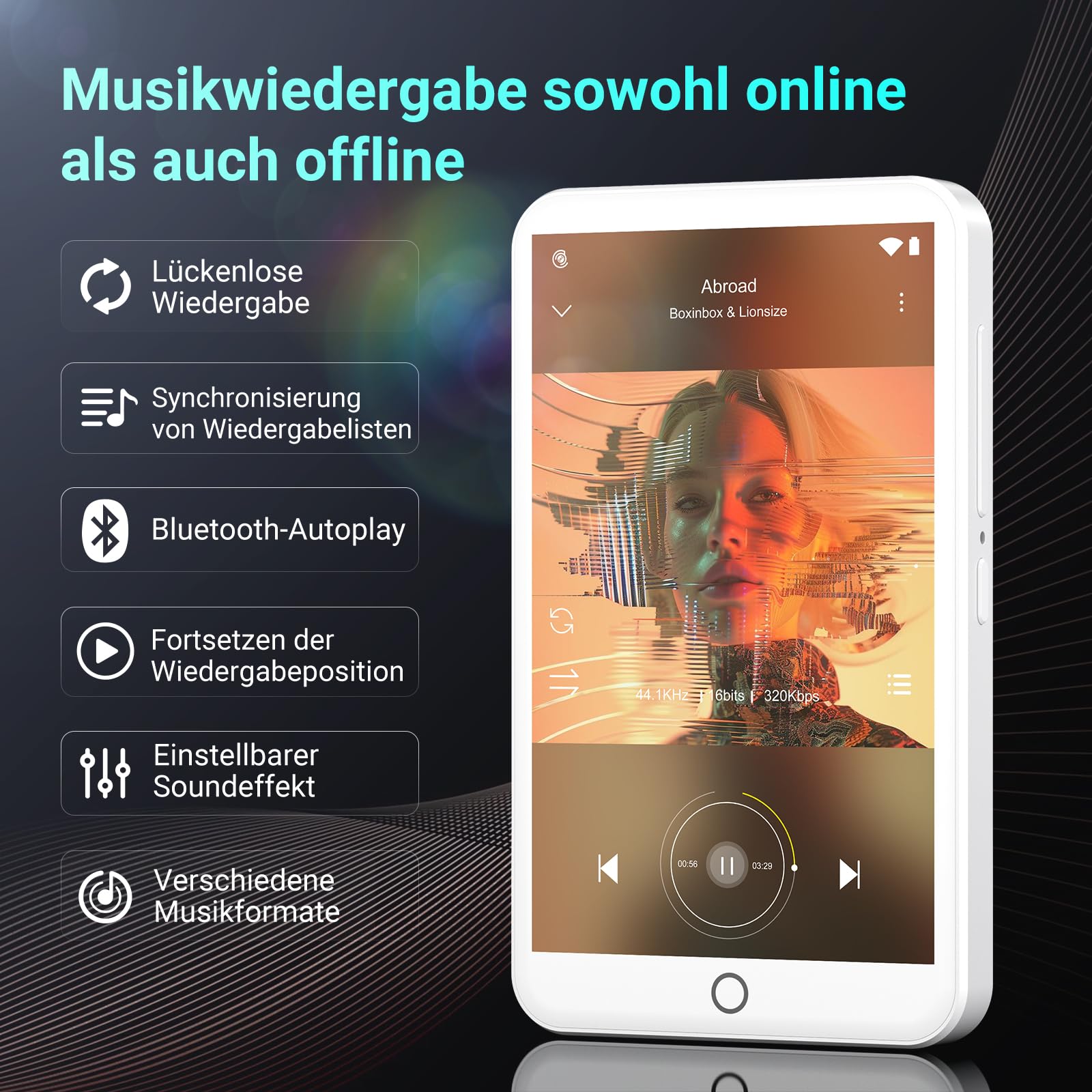 96GB MP3 Player mit Bluetooth und WiFi, Android 13 MP3 MP4 Player mit 4“ Touchscreen und Lautsprecher, 3GB RAM & 32GB ROM, Spotify Music Player mit Audible, Play Store