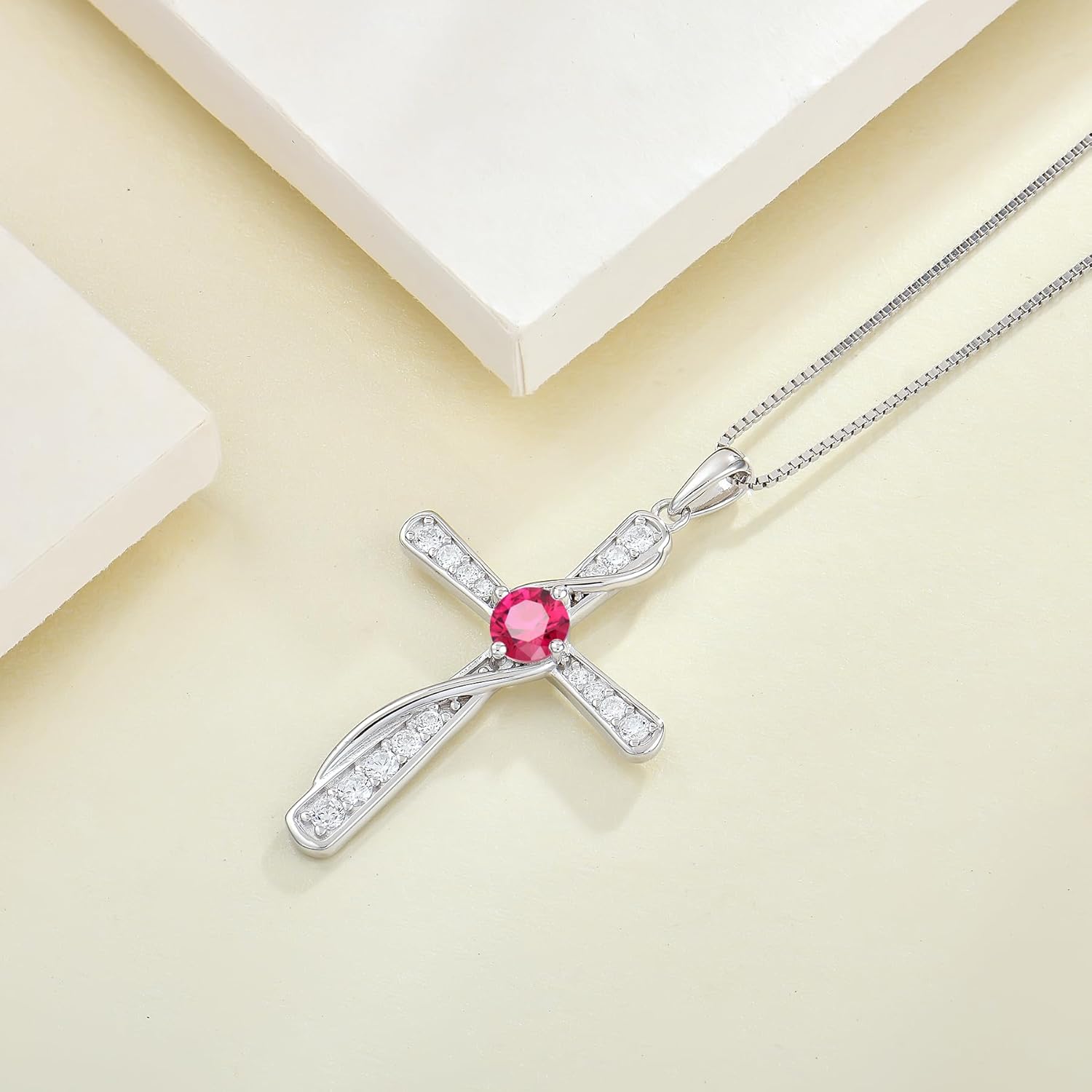 Womens Cross Necklace 925 Sterling Silver Birthstone Cross Pendant Jewelry for Her - Image 5
