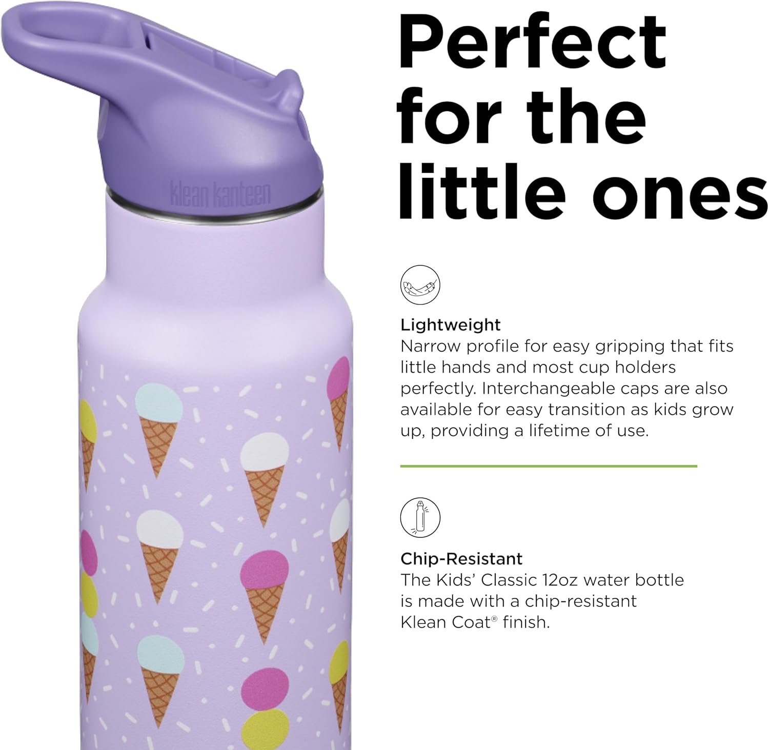 Klean Kanteen 12 oz Classic Kid's Insulated Water Bottle with Flip Seal Sport Cap - 100% Leakproof Cap - BPA-Free - Stainless Steel Material - Ice Cream
