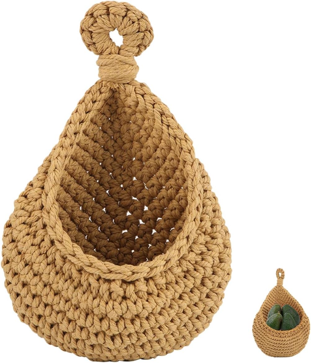 Woven Hanging Fruit Basket Teardrop Shape 38x30cm Flax Fiber Kitchen Storage Organizer Multi-function Decorative Basket for Home and Kitchen Use