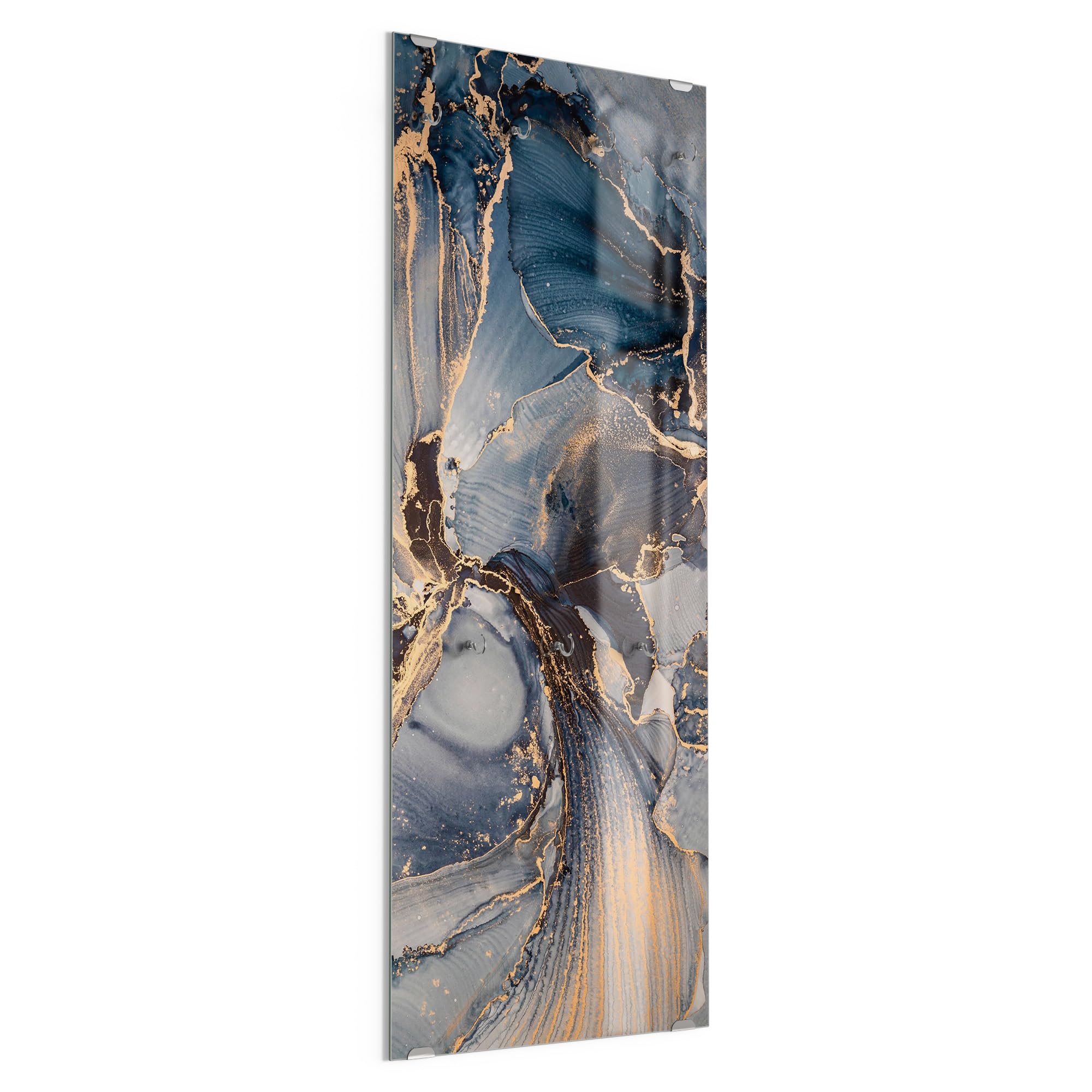 DEQORI Wieszak na ubrania ze szkła z nadrukiem motywu, wzór pionowy, 50 x 125 cm, motyw marmurowej gry kolorów ze złotem, szkło bezpieczne ESG z 7 haczykami, możliwość zapisywania i łatwe w montażu