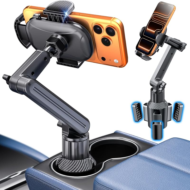 eSamcore Cup Holder Phone Holder, 15" Height Car Cup Holder Phone Mount | Heavy-Duty, Truck Cupholder, 2.36”-3.9” Expandable Base, 0.8" Deep Clamp, Fit for iPhone 17/ 16/ 15, 4.7”-7” Cellphone