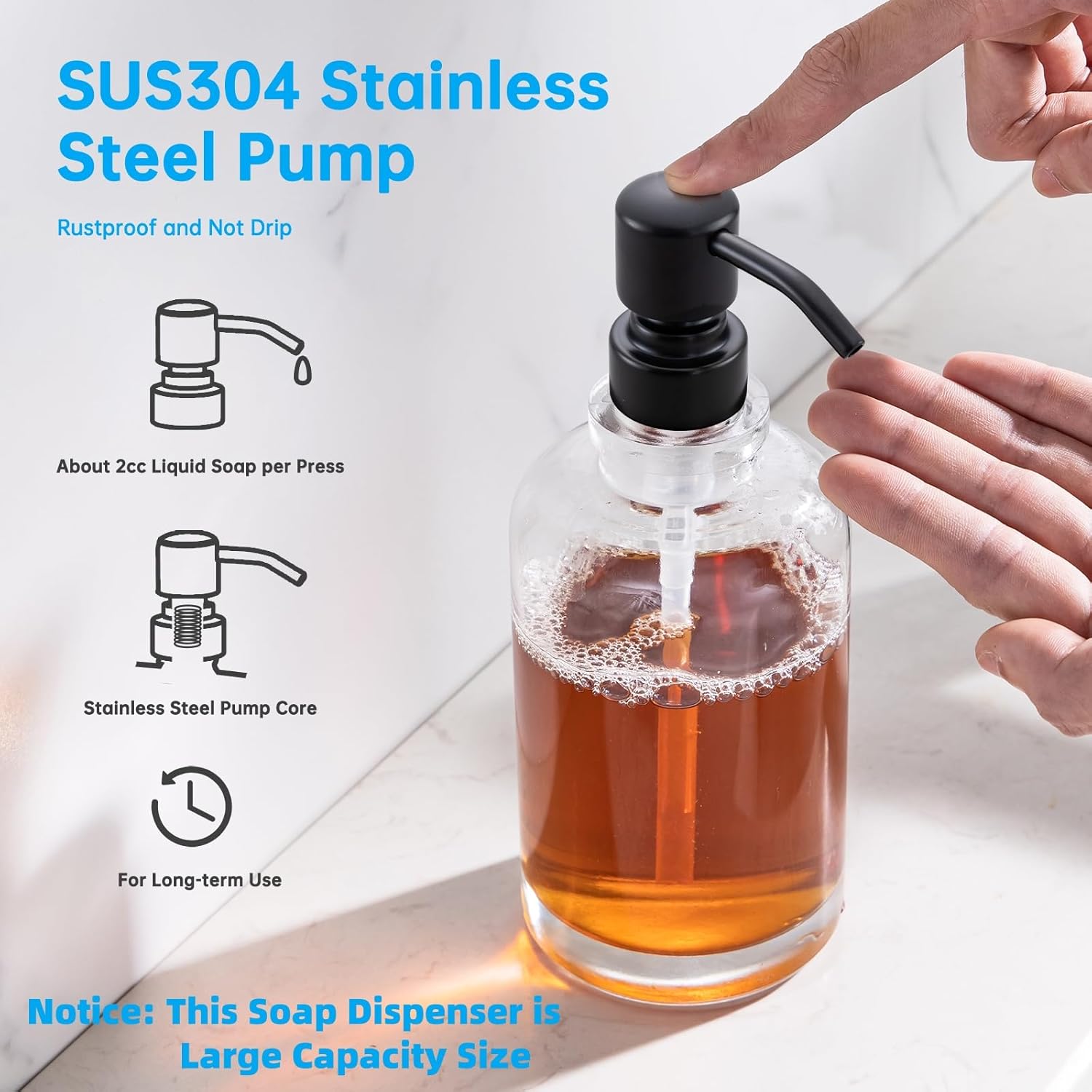 Glass Soap Dispenser Clear Bottle with Black Pump, 17 OZ Liquid Soap Dispenser Cylindrical with Stainless Steel Pump for Dish Hand Soap Bathroom Kitchen Large Capacity - Image 3