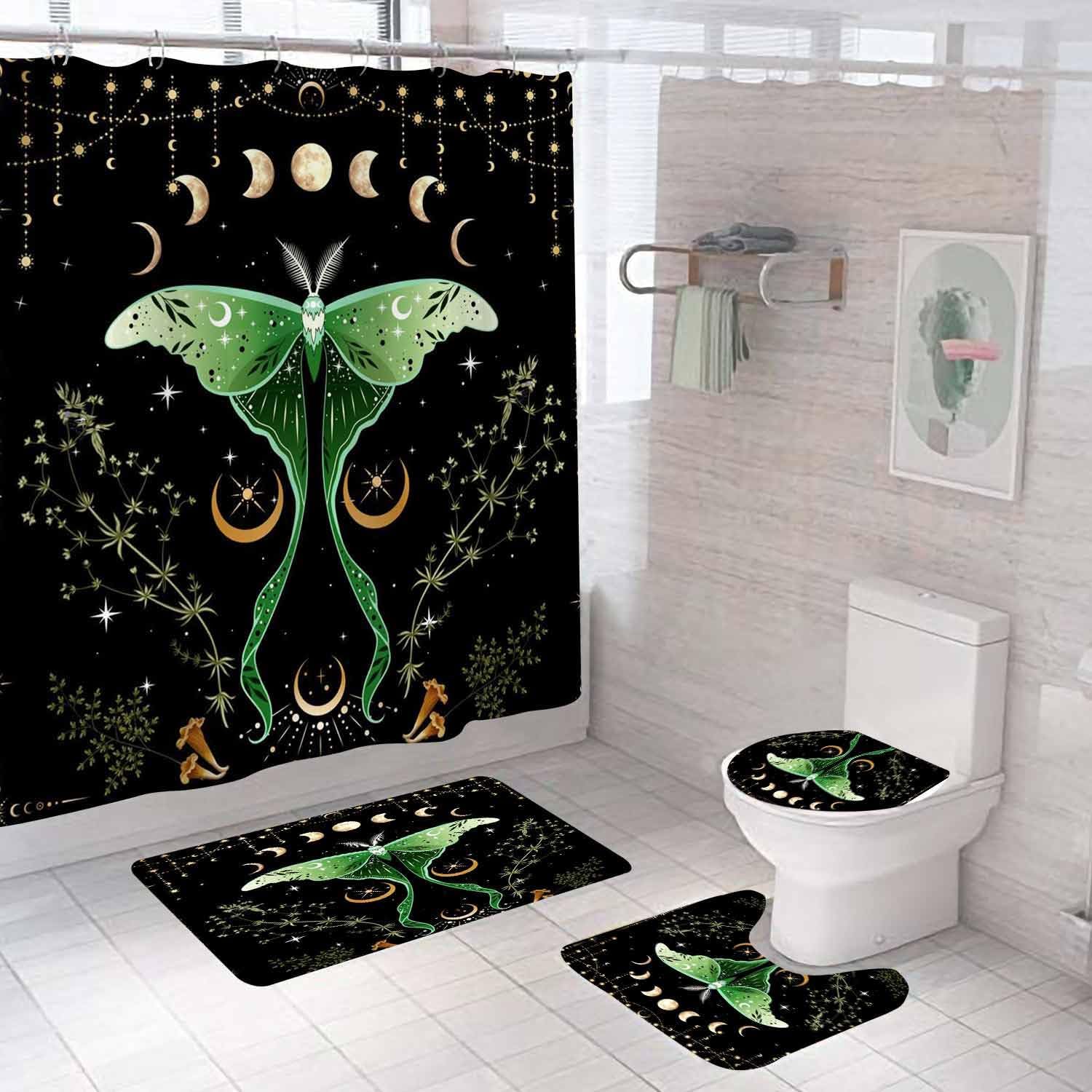 4PCS Moon Phase Green Moth Shower Curtain Sets with Rugs, Waterproof Fabric Black Shower Curtain, Celestial Moonlit Star Butterfly Mushroom Plant Aesthetic Gothic Mystic Witchy Bathroom Decor