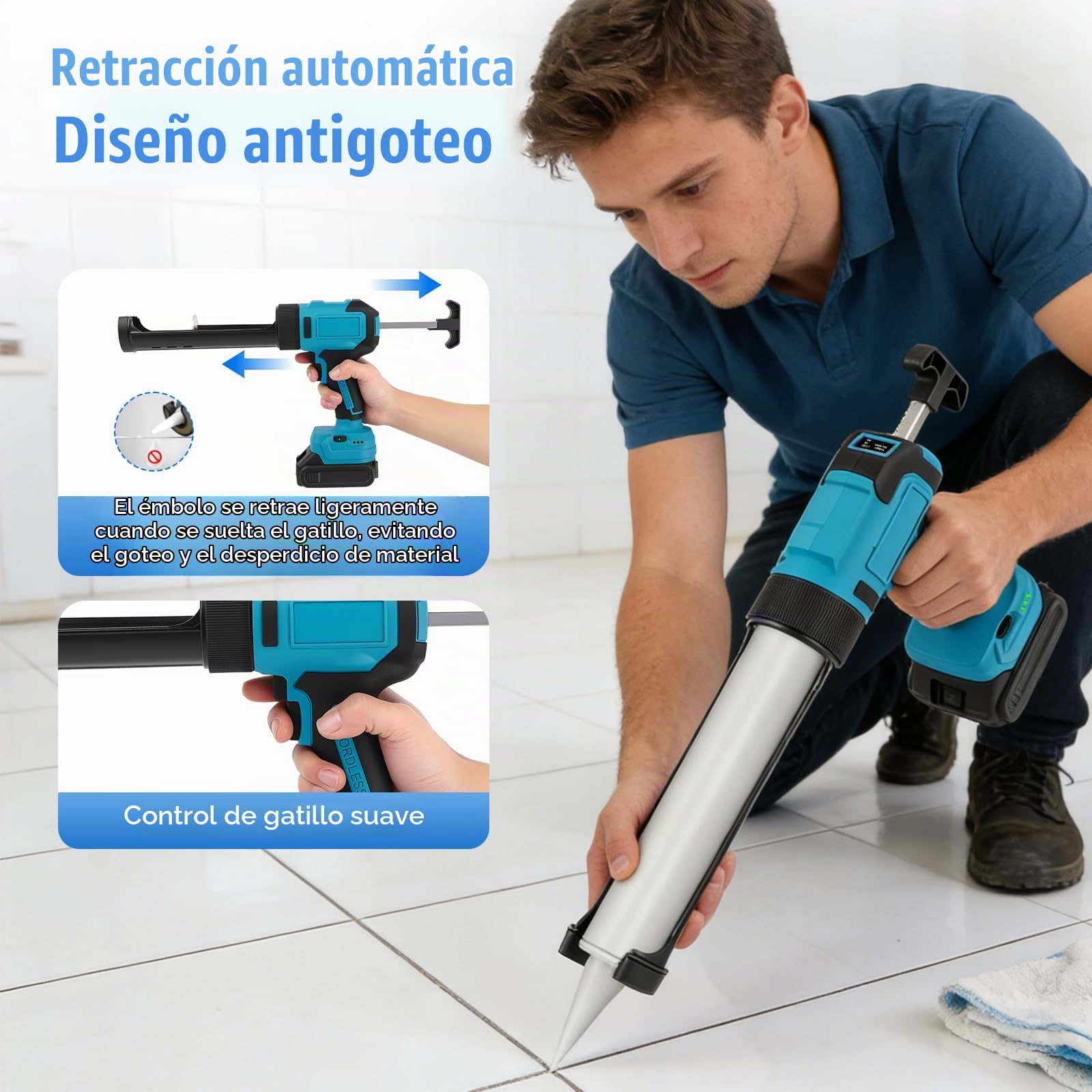 Pistola de Silicona Eléctrica 800N con Batería, 2x21V 2.0Ah, 6 Velocidades Ajustables, Pantalla Digital, Antigoteo y LED para Juntas de Bañera y Azulejos, Profesional