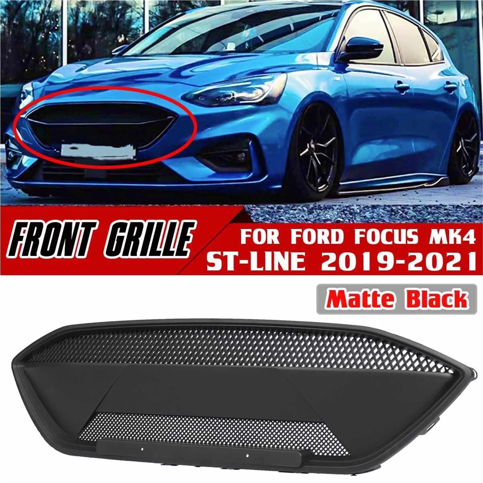 2 Kolory Przedni Zderzak Samochodowy Grill Osłona Grilla Pasuje Do Forda Focus MK4 ST-line Model RS Style In The Grid 2019-2021 Osłona chłodnicy motocykla kratki samochodowej(Glossy Black)