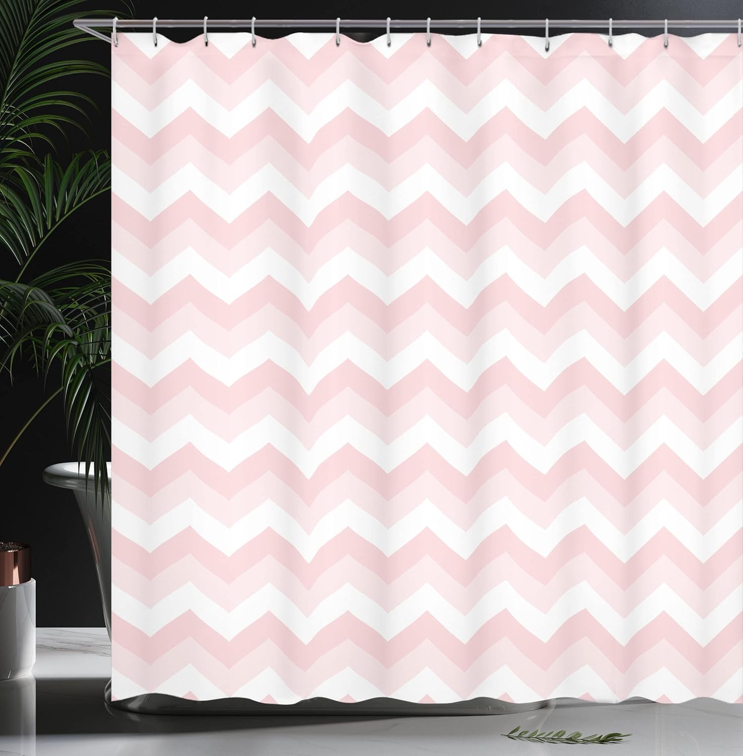 Ambesonne Chevron Shower Curtain, Zigzag Chevron Grunge Pattern in Soft Colors Simplicity Design, Cloth Fabric Bathroom Decor Set with Hooks, 69" W x 70" L, Rose Pale Pink White