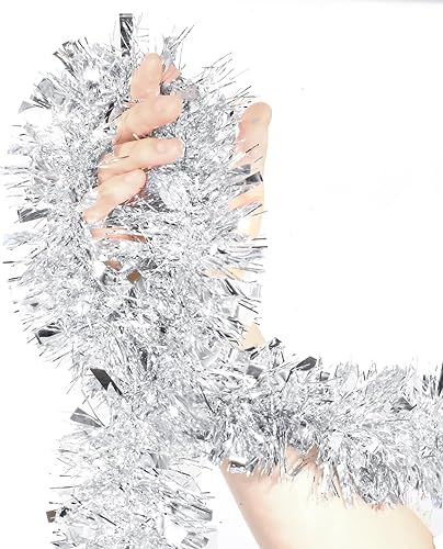 Miniatura 3 de BLEUM CADE Guirnalda de oropel de 32.8 pies, oropel de Navidad plateada, decoración de árbol de Navidad, vacaciones, cumpleaños, bodas, fiestas