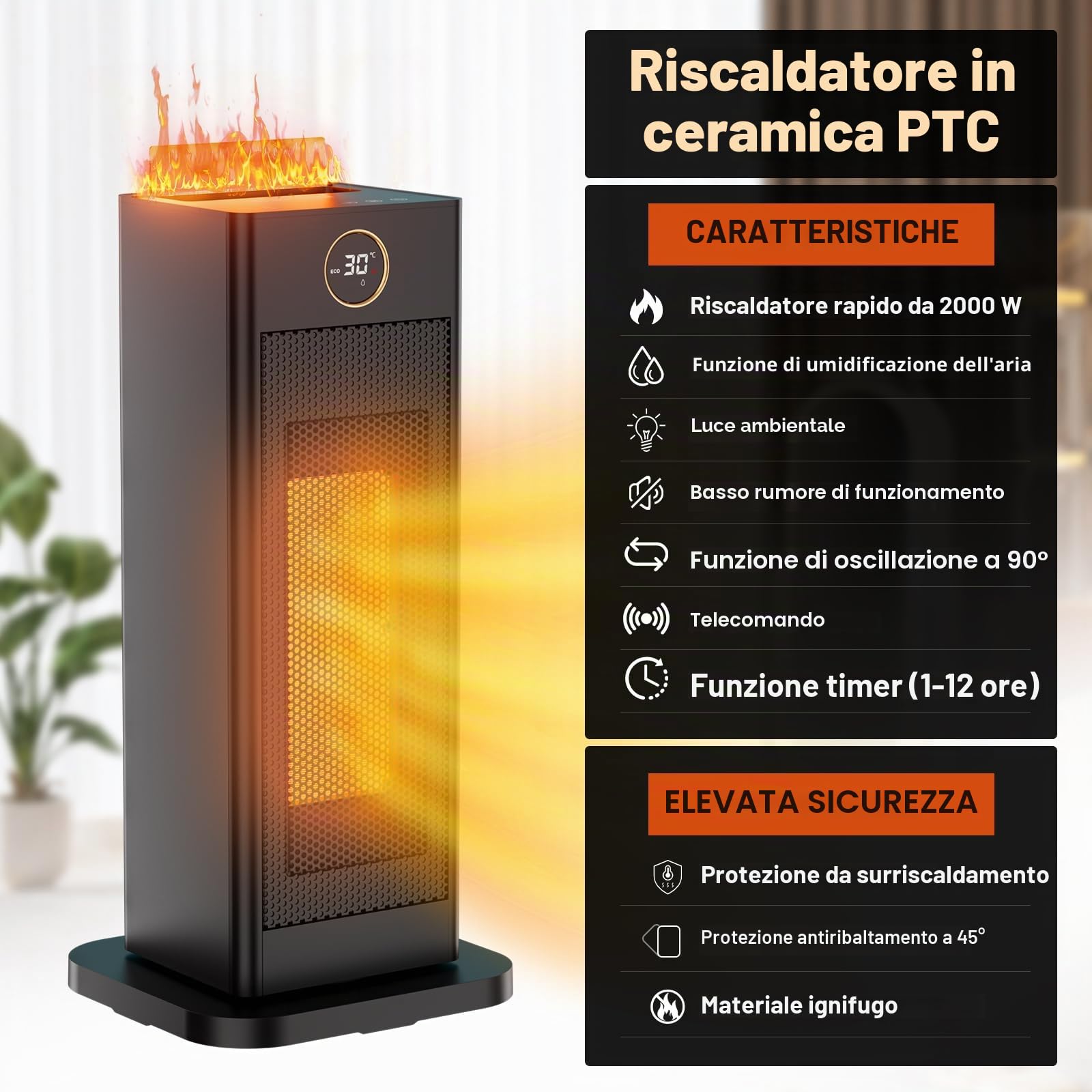 LIFERUN 2000W Termoventilatori Ceramici Compatti con Umidificatore Integrato, Timer, Telecomando, ECO, Oscillazione, Doppia Protezione Stufette Elettriche Silenzioso per Piccoli Spazi di a 10-25 mq