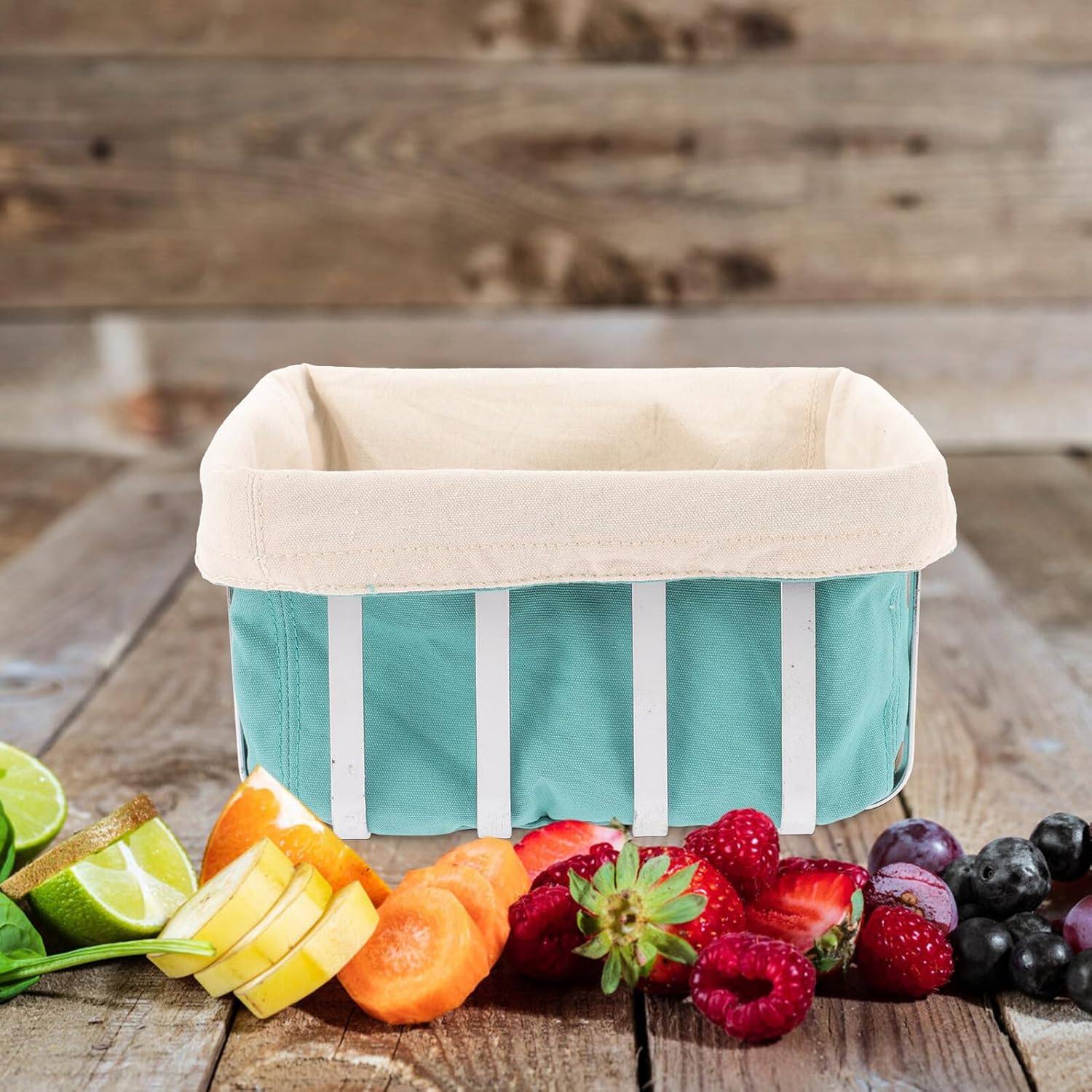 Stainless Steel Wire Bread Basket with Linen Cover, Small Square Metal Fruit and Dessert Storage Organizer for Kitchen Countertop, Nordic Style Household Serving Basket in Light