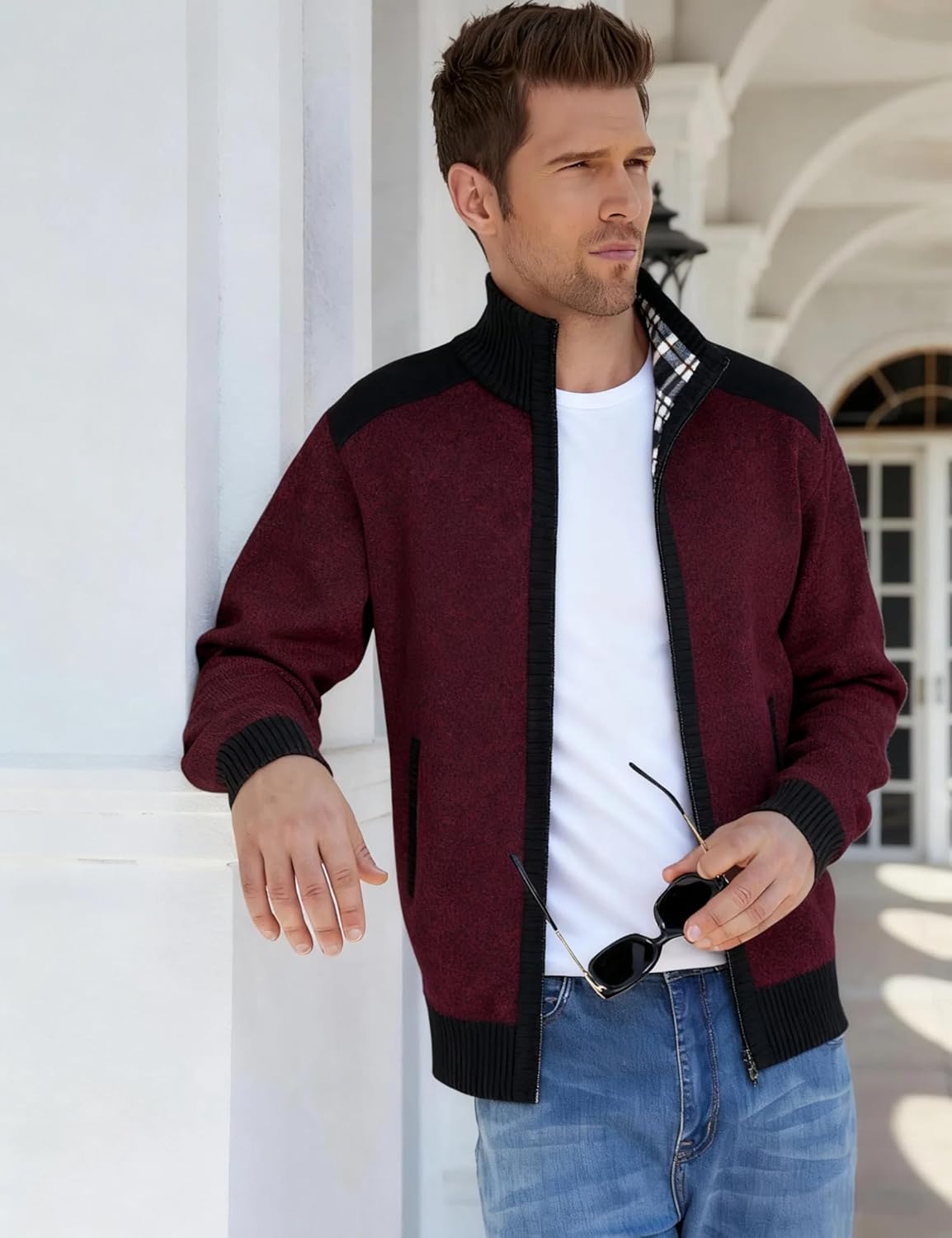 Yeokou Men's Casual Slim Full Zip Thick Knitted Cardigan Sweaters with Pockets - Image 3