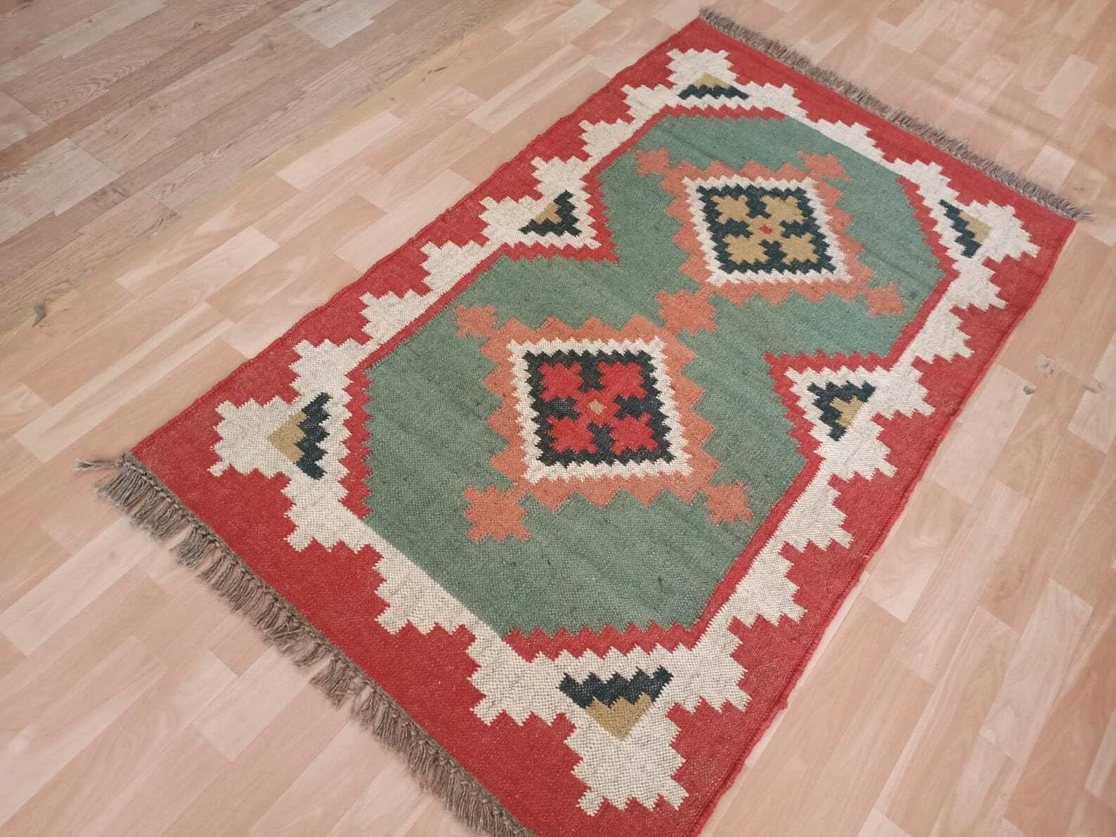 Kilim Style Tapis en jute en laine – Tapis tissé à la main, durable et respectueux de l'environnement (200 × 300 cm)