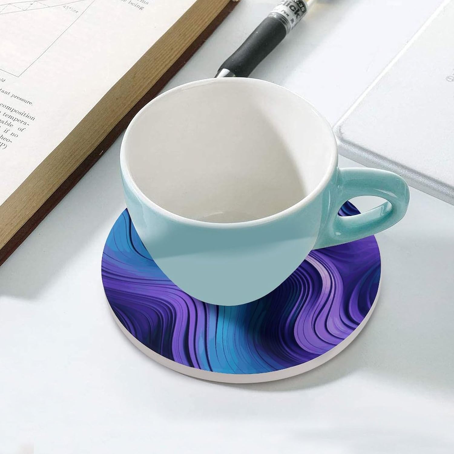 6PCS Wavy Purple Coasters Non-Slip Round Drink Coasters with Ceramic Stone and Cork Base, Heat Resistant Absorbent 33.00Stone Coaster Set for Kinds of Mugs and Cups, 4 Inch