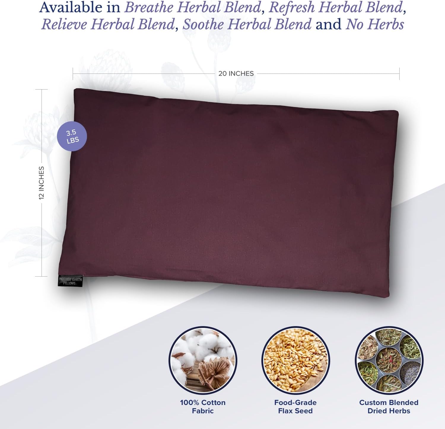 Mother Earth Pillows Large Therapeutic Flax Pillow for Natural Pain Relief, Eggplant - Soothe Herbal Blend