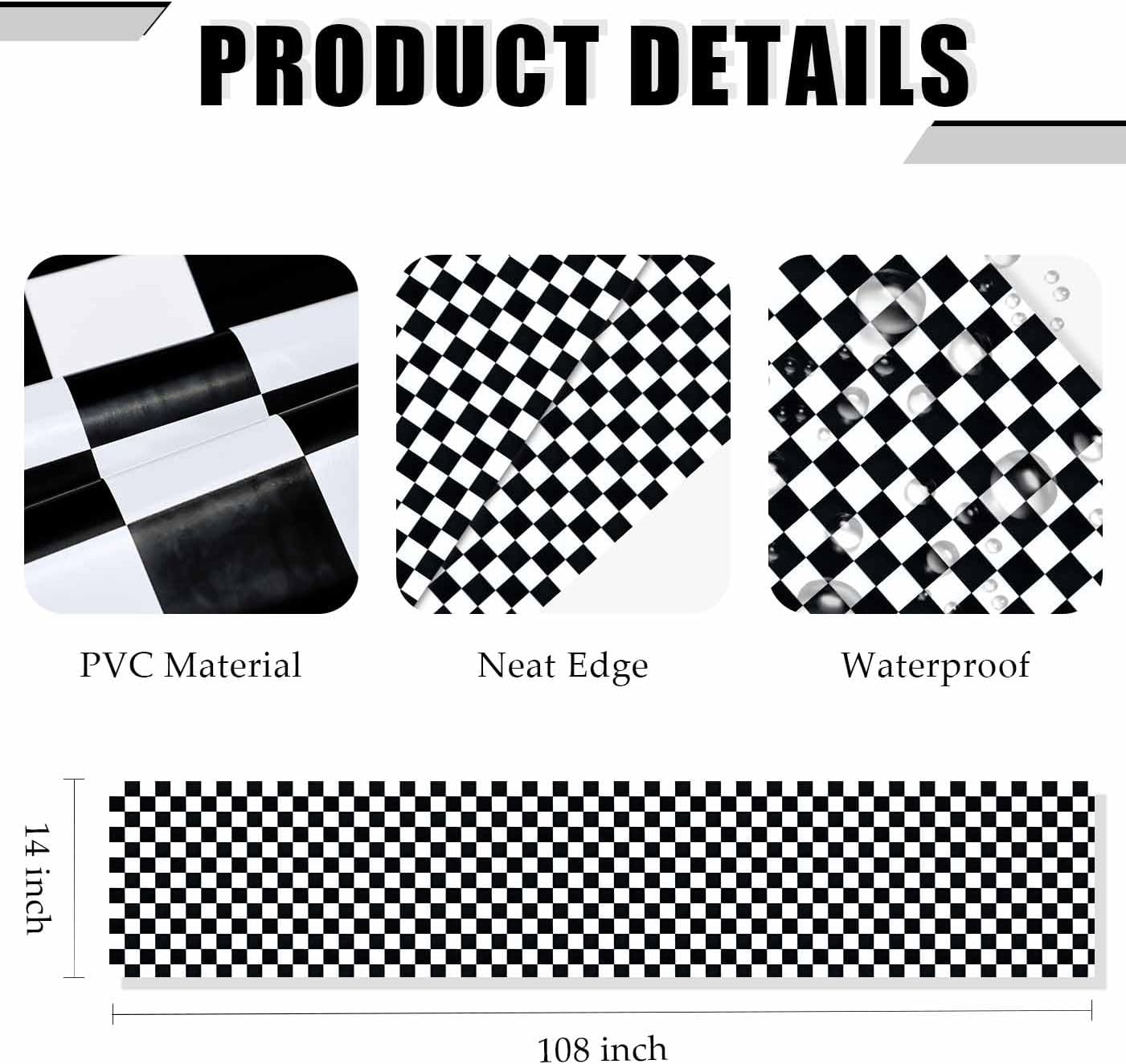 6 Pcs Checkered Table Runner Plastic 14 x 108 Inch Disposable Black and White Runner for Birthday Baby Shower Racing Party Decorations Race Car Table Runner