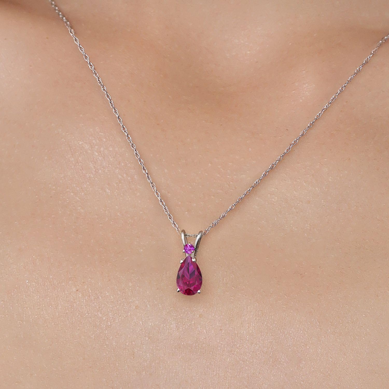 Gem Stone King 14K White Gold Red Created Ruby and Pink Sapphire Pendant Necklace for Women | 1.50 Cttw | Gemstone July Birthstone | Pear Shape 9X6MM | With 18 Inch Chain - Image 3