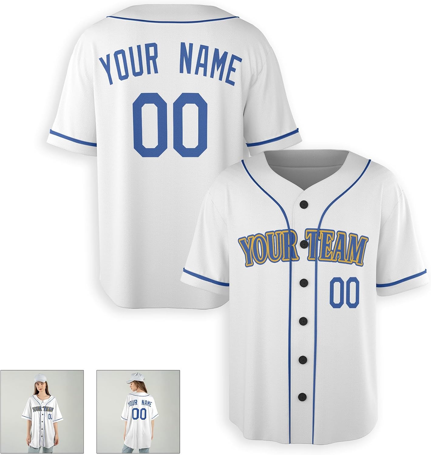 Custom Baseball Jersey with Blue Trim for Men, Women, Youth, Toddlers & Infants - Add Your Name & Number - Piping & No Piping Options