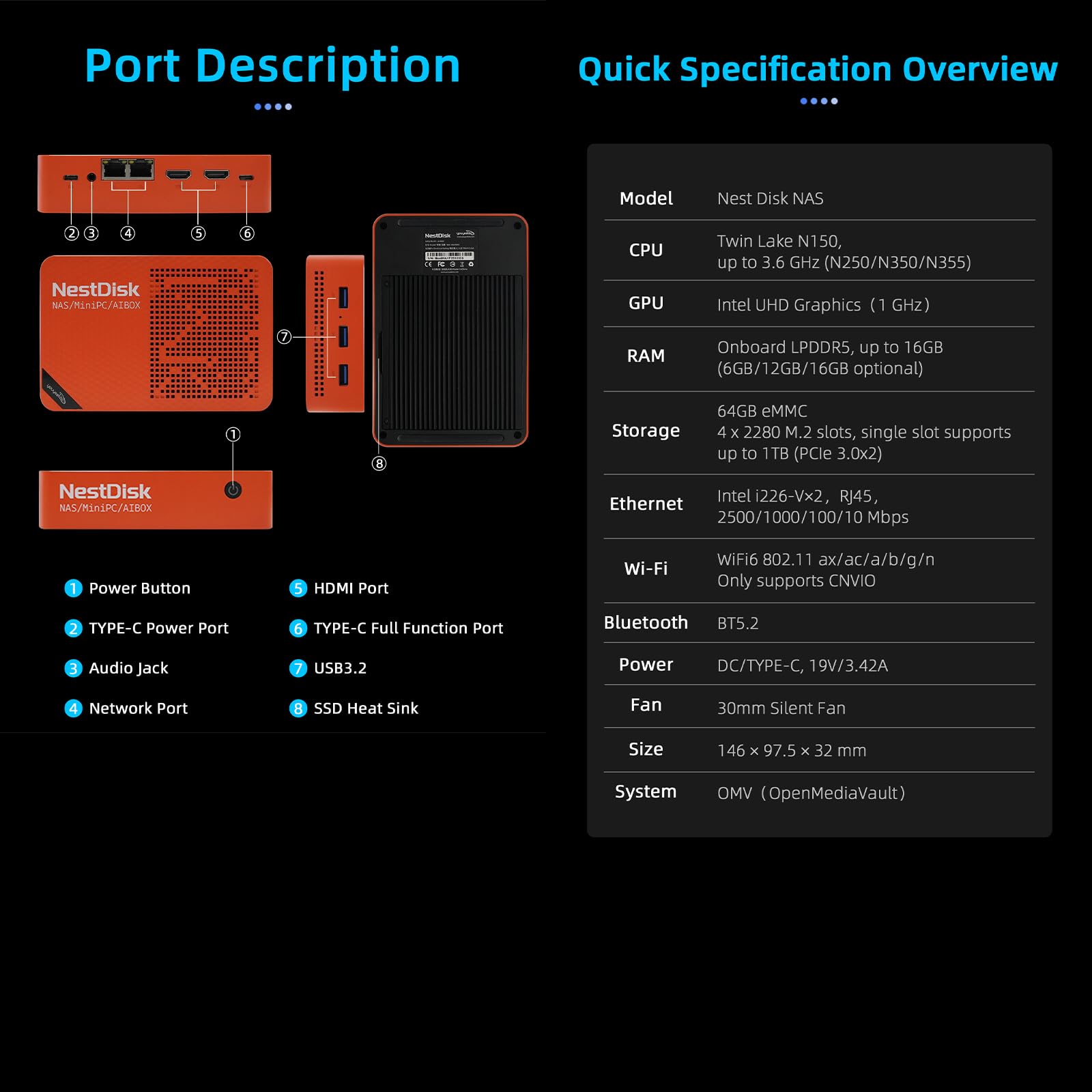 youyeetoo Nest Disk NAS y mini PC con Intel N150-4-Bay NVMe hasta 16 TB, 12 GB DDR5 RAM, Dual 2.5GbE / WiFi 6, salida 3X 4K K, OMV preinstalado para el hogar/oficina (12GB + 64GB (EMMC), Naranja +
