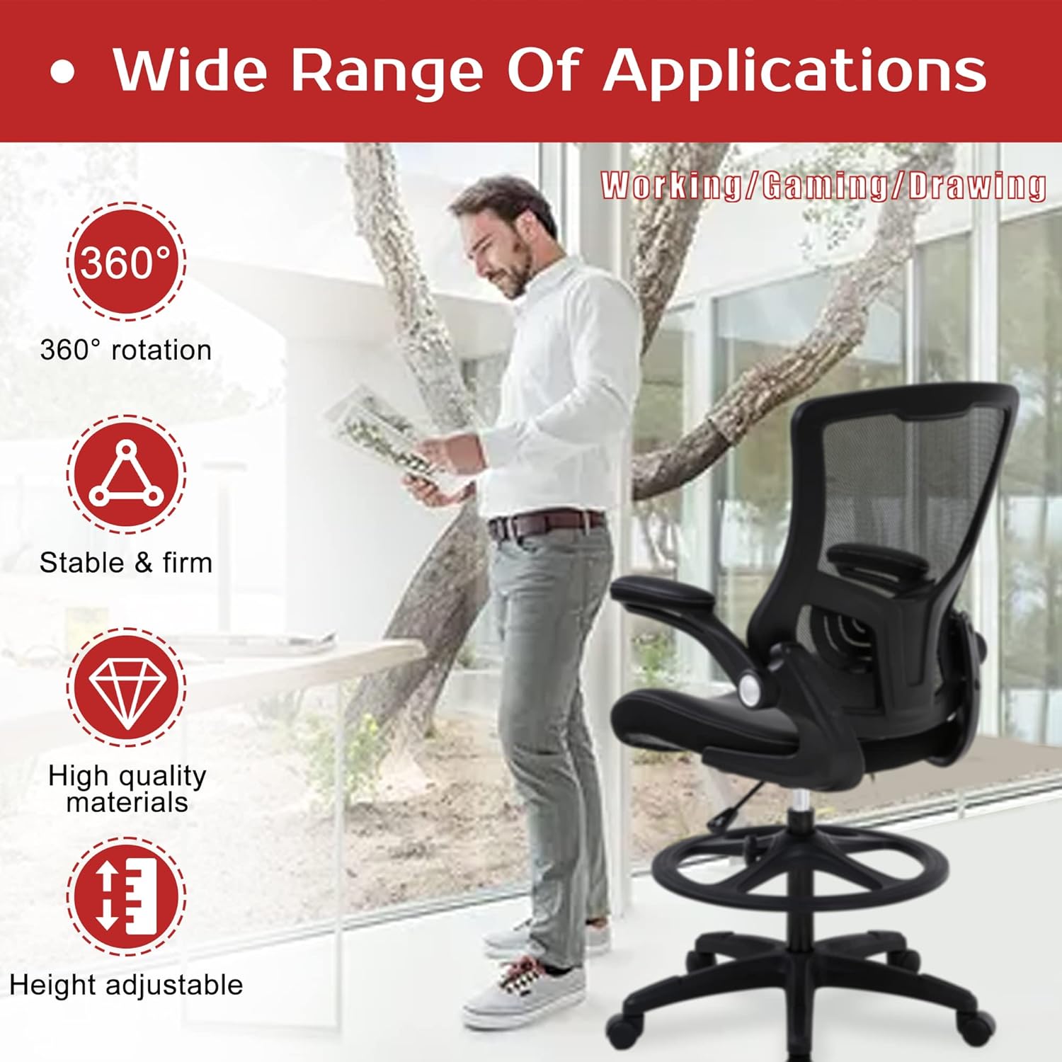Image showing the FDW Drafting Chair with armrests in both down and flipped-up positions, labeled '90°-180° Flip-up Armrest'.