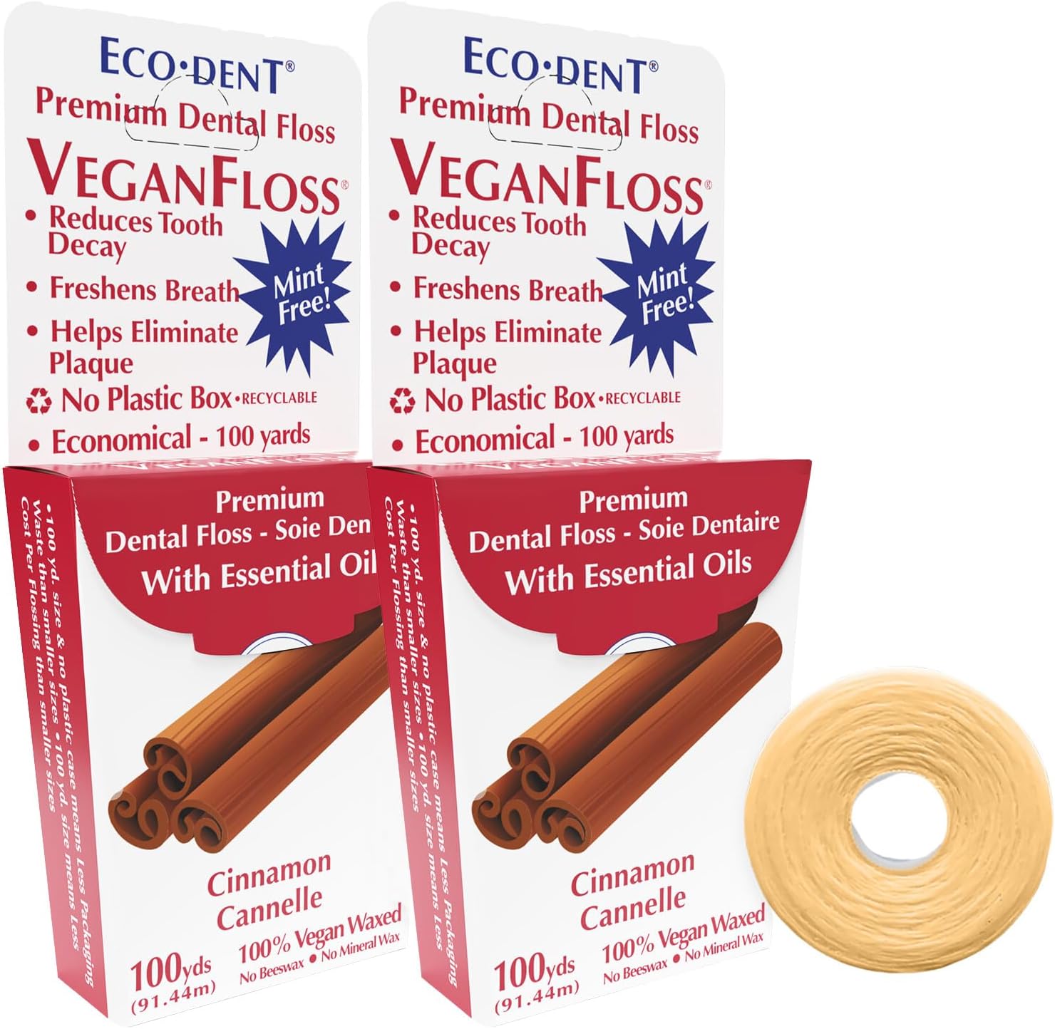 Eco-Dent VeganFloss Dental Floss, Waxed, Cinnamon - Floss with Vegan Plant-Based Wax, Recyclable Cardboard Packaging, 100 Yds (Pack of 2)