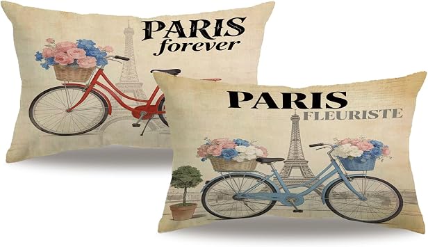 7COLORROOM 2Pack Bicycle Throw Pillow Cover Vintage Style with Tower/Flower Pattern Rectangular/Waist Cushion Cover Cotton Linen Home Decorative for Couch Sofa Bed Chair 12"x20"
