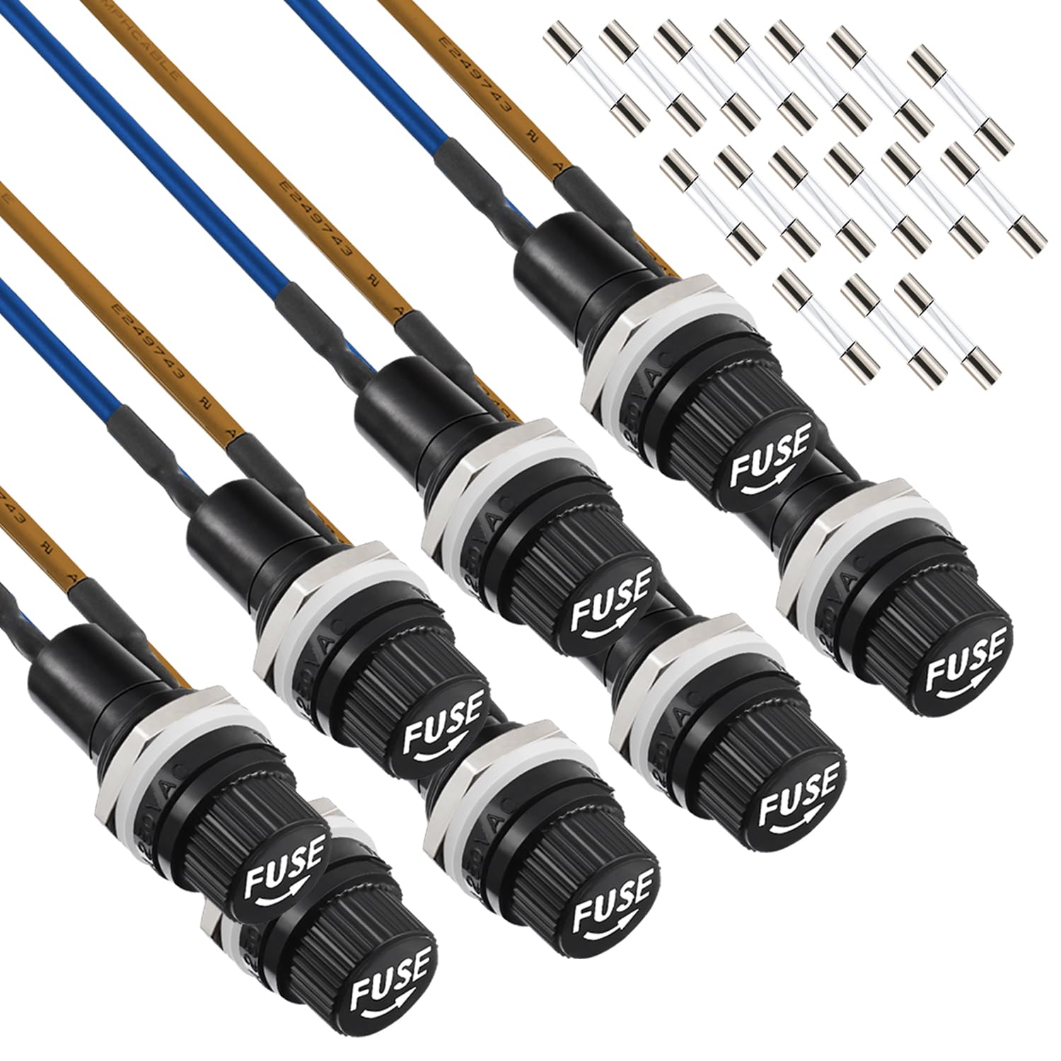 EPLZON 6X30mm Black Screw Cap Fuse Holder 250 VAC 10 A 125 VAC 15 A with Pre-Soldered Wires and 10A/15A Fast Blow Glass Fuse kit