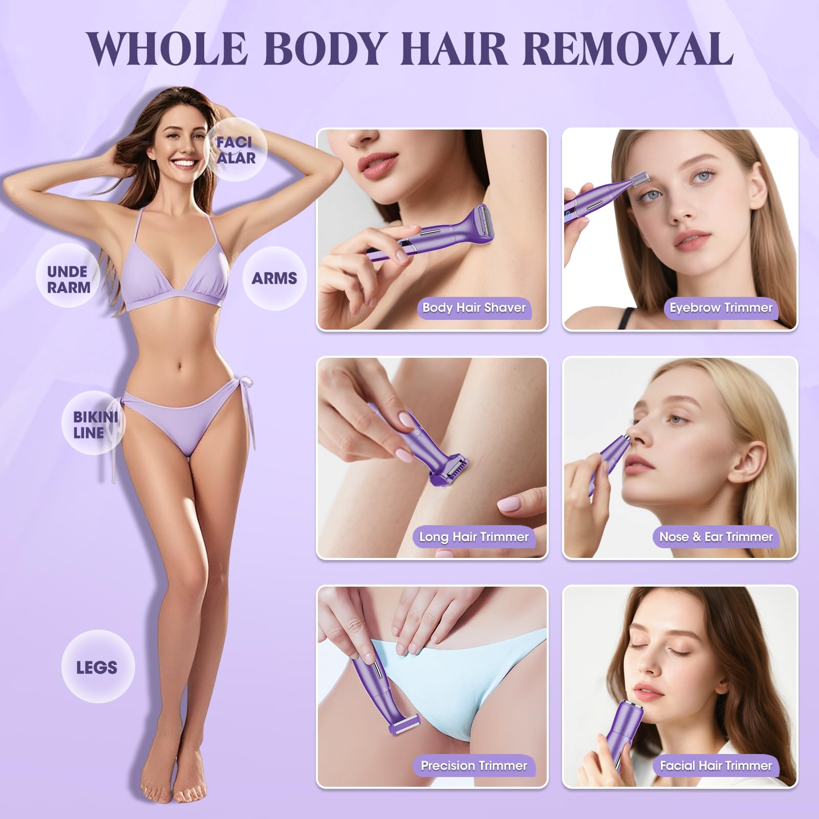 Maquinilla de afeitar eléctrica para mujer, 6 en 1, recortadora de bikini para mujeres y hombres, vello púbico, área privada, piernas, cejas, cara, nariz, cejas, depilación corporal, IPX5, impermeable