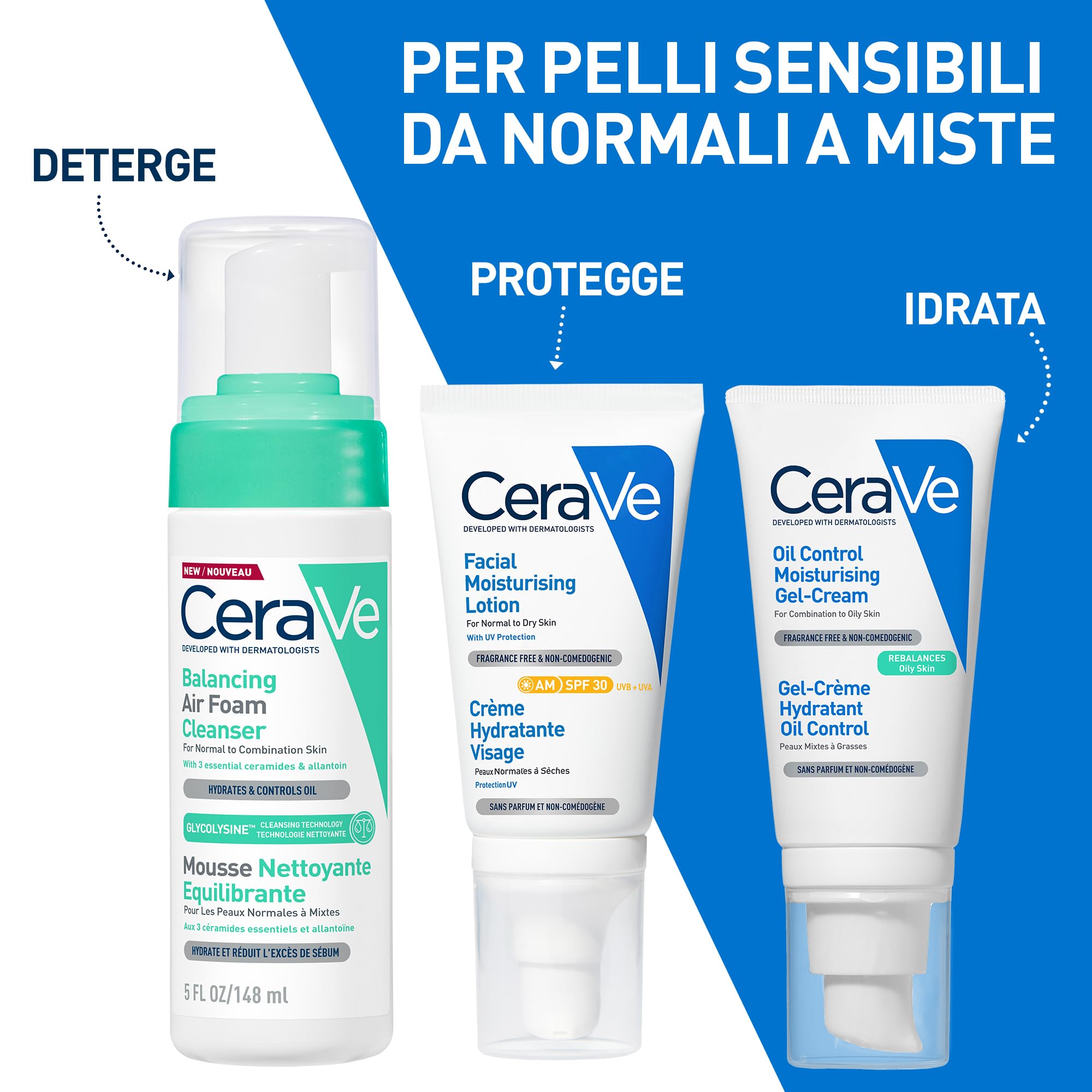 CeraVe Mousse Detergente Riequilibrante, Per Pelli da Normali e Miste, Pelle Idratata e Produzione del Sebo Ridotta, Con Tecnologia Glycolysine, 3 Ceramidi Essenziali e Allantoina, 148 ml
